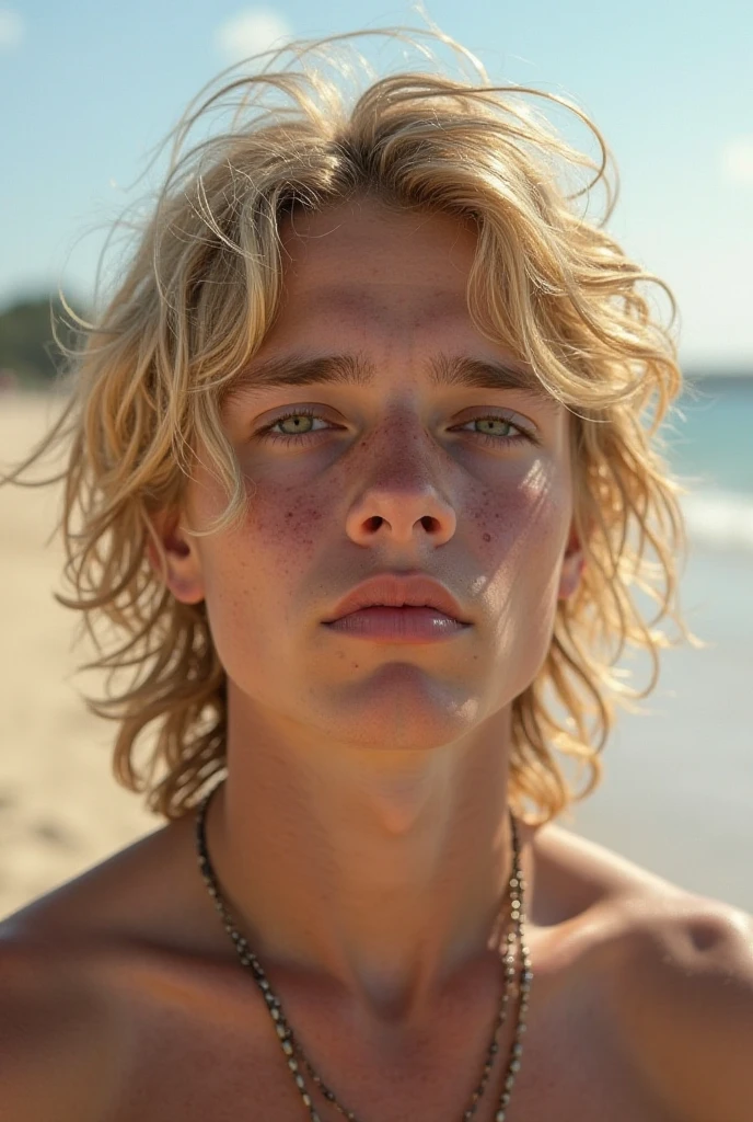 18 year old boy, blond hair, blue eyes at the beach