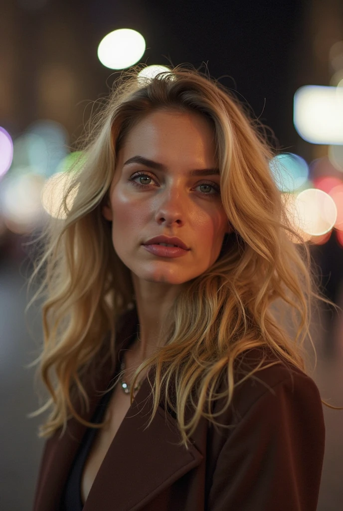 "Créez une image réaliste d'une jeune femme de 21ans d'environ 1m60 avec de longs cheveux brun-blond. Elle se tient au loin dans une rue bordée de bâtiments de style new-yorkais, sous le ciel nocturne. Elle est face à nous, mais regarde le sol, avec une posture élégante qui met en valeur sa silhouette fine et ses formes généreuses. Elle est habillée de manière classe, dans une tenue chic et moderne. L'éclairage de la rue et des bâtiments autour crée une ambiance urbaine sophistiquée."