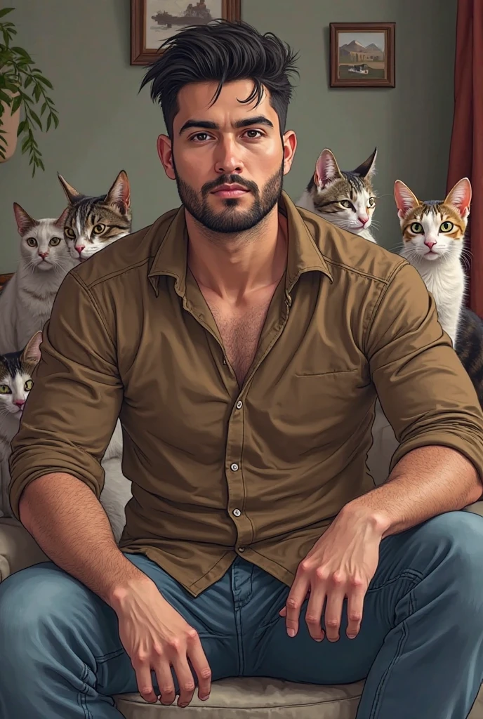 arafed man 25 years old hunk semi hairy on a bed full of cats