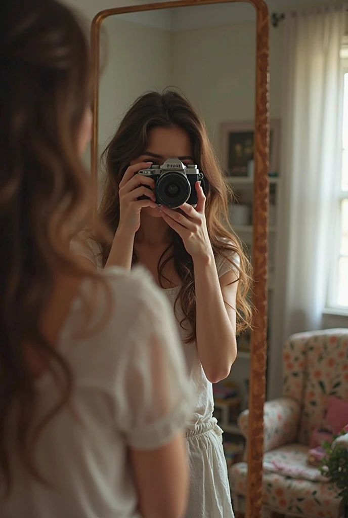 A woman taking a photo, smile, Happy, Long hair that goes up to the buttocks, Straight hair, Detailed skin, Daytime, Hot summer day, Natural light, Detailed face:1.2, Sharp focus, Hasselblad Photos, Tabletop, light makeup, Cinema Lighting, 4K, Highest quality、Beautiful Hair