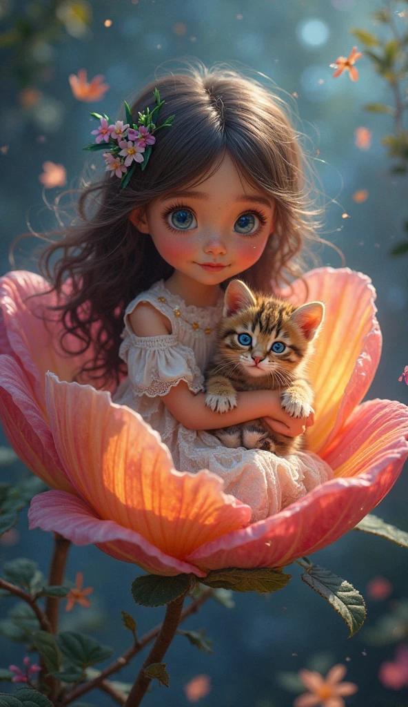 A young girl sat on a giant flower. Beside her was a small magical creature, its large eyes shimmering with wisdom as it watched her closely.
