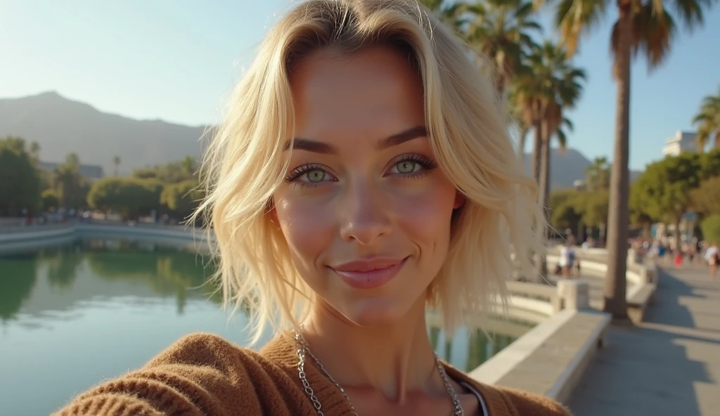 1 gorgeous blonde, Short hair ((Upper Body Selfie, Happy)) Hot, full breasts, silky skin (sweaty body), Masterpiece, Best Quality, Ultra-detailed, solo, large tits, Outdoor selfie next to the pyramid in the desert (well detailed, intricate details),(Day),(Sunset) cheerful, Happy, sexy pose, contrast, clean sky, style of, (warm hue, warm tone): 1.2), a closeup of a , cinematiclight, Side lighting, extra high resolution, better shadow, Raw, upper-body.