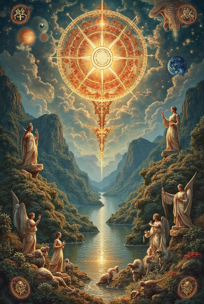 A vibrant and detailed oil painting depicting the journey of the orishas from Orum to Aiê. At the top, an ethereal and luminous sky, with swirling clouds and golden sunbeams, from which majestic figures representing the orixás emerge: I hope, dressed in white and holding a staff; iemanjá, with her long blue hair and a baby in her hands; Shango, wielding an axe and surrounded by lightning; Oxóssi, with his bow and arrow and accompanied by forest animals; and Ogun, with his sword and armor, making way. A luminous trail connects heaven to earth, where a lush landscape with forests stretches, rivers, mountains and a cozy village. on Earth, people of different ethnicities celebrate the arrival of the orishas with drums, dances and offerings. The image must convey the grandeur of the journey of the orixás, its connection with nature and its importance for humanity. Use vibrant and contrasting colors, como azul, Unripe, yellow, red and white. The composition must be balanced and dynamic, focusing on the orixás and their interaction with the earthly world.