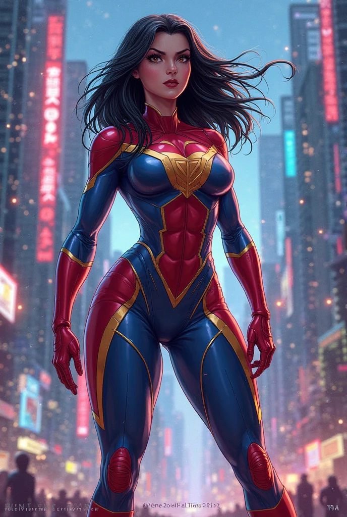 (ultra detailed,High resolution,realist:1.2),Spider woman,red-gold-blue suit,sharp focus,dynamic pose,Sparkling Smile,bright Eyes,textures of palm patterned designs,City skyline background,night scene,vivid colors,dramatic lighting,comic style