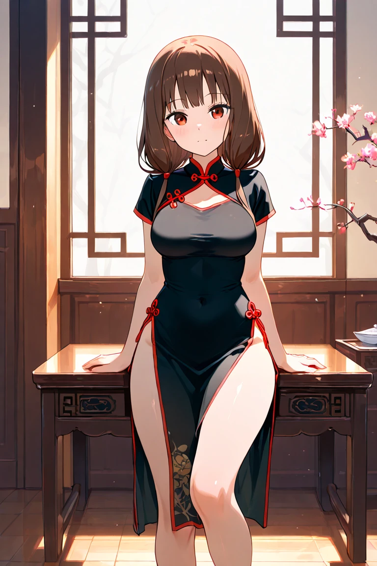 realistic image, coherent image, detailed image, 1 beautiful elf. She has brown hair, long hair. Golden eyes, long eyelashes. Her face is oval and delicate. Smiling happily. She is wearing a t-shirt, showing her shoulder, miniskirt. She has a curvy body, medium breasts and thick thighs. view from below. Chinese temple, flower petals falling around. ambient light, volumetric light,
