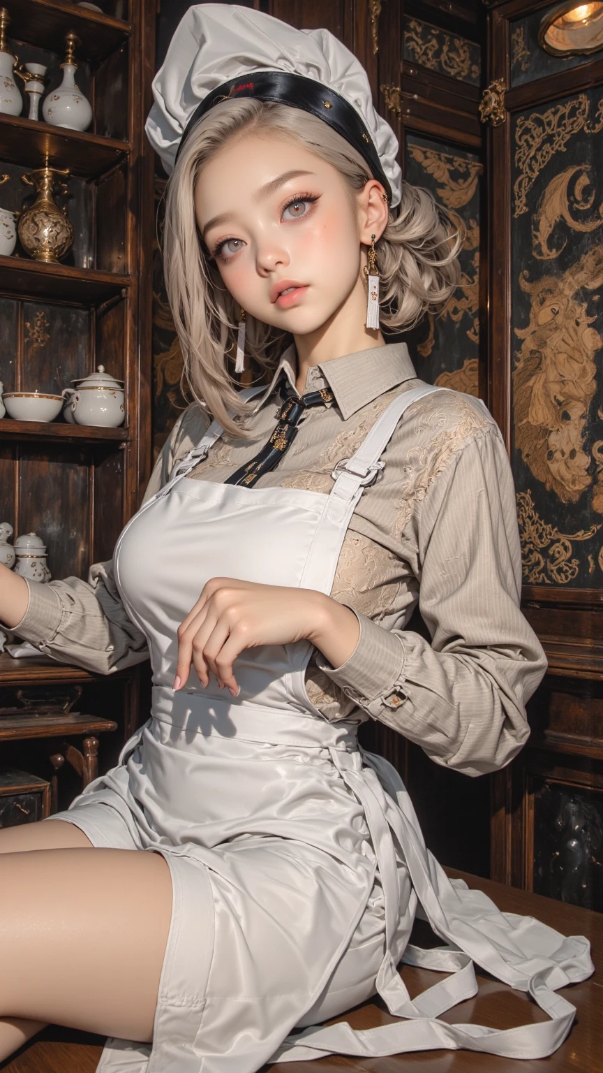 beautiful girl　Brown skin　Silver Hair　Braid　Maid clothes

