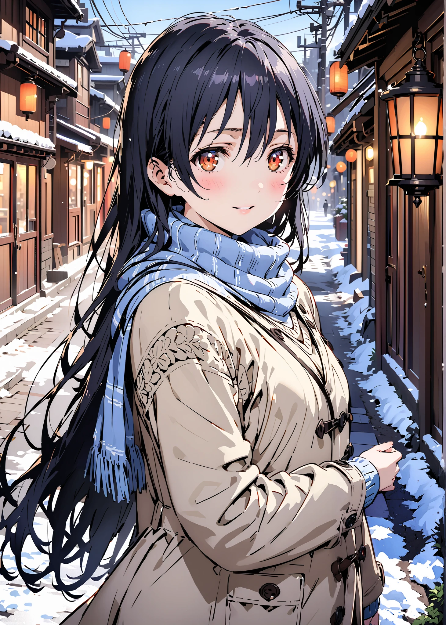 Sonoda Umi  , Alone,long hair, bungs, Between the eyebrows, brown eyes,  Lantern,smile,blush,open your mouth,half up do,Glasses,duffle coat,(sweater  :1.2),( turtleneck:1.2),blue scarf ,Long Skirt,boots,snow,morning,walking,full bodyがillustration for both eyesに入るように,               break outdoors,  residential area,
break looking at viewer,full body,
break (masterpiece:1.2), top quality, high resolution,  Unity 8K Wallpaper , (illustration for both eyes:0.8), (beautiful detailed eyes every time I look to the side:1.6), highly detailed faces that insist on buttocks,  perfect lighting, extremely detailed CG, full body写真,(PERFECT HAND, PERFECT ANATOMY),