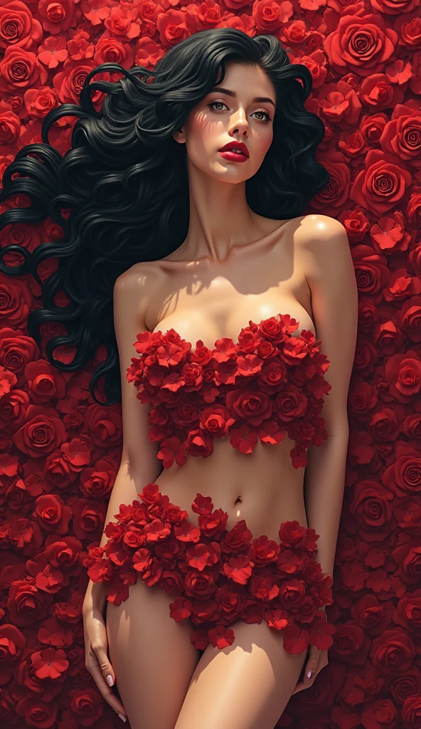 there is a woman holding a bouquet of roses in front of a wall of roses, red roses, laying on roses, roses, roses in her hair, queen of flowers, celestial red flowers vibe, album art, ashy, holding flowers, doja cat, red neon roses, official artwork, in red background, with flowers, she is the queen of black roses