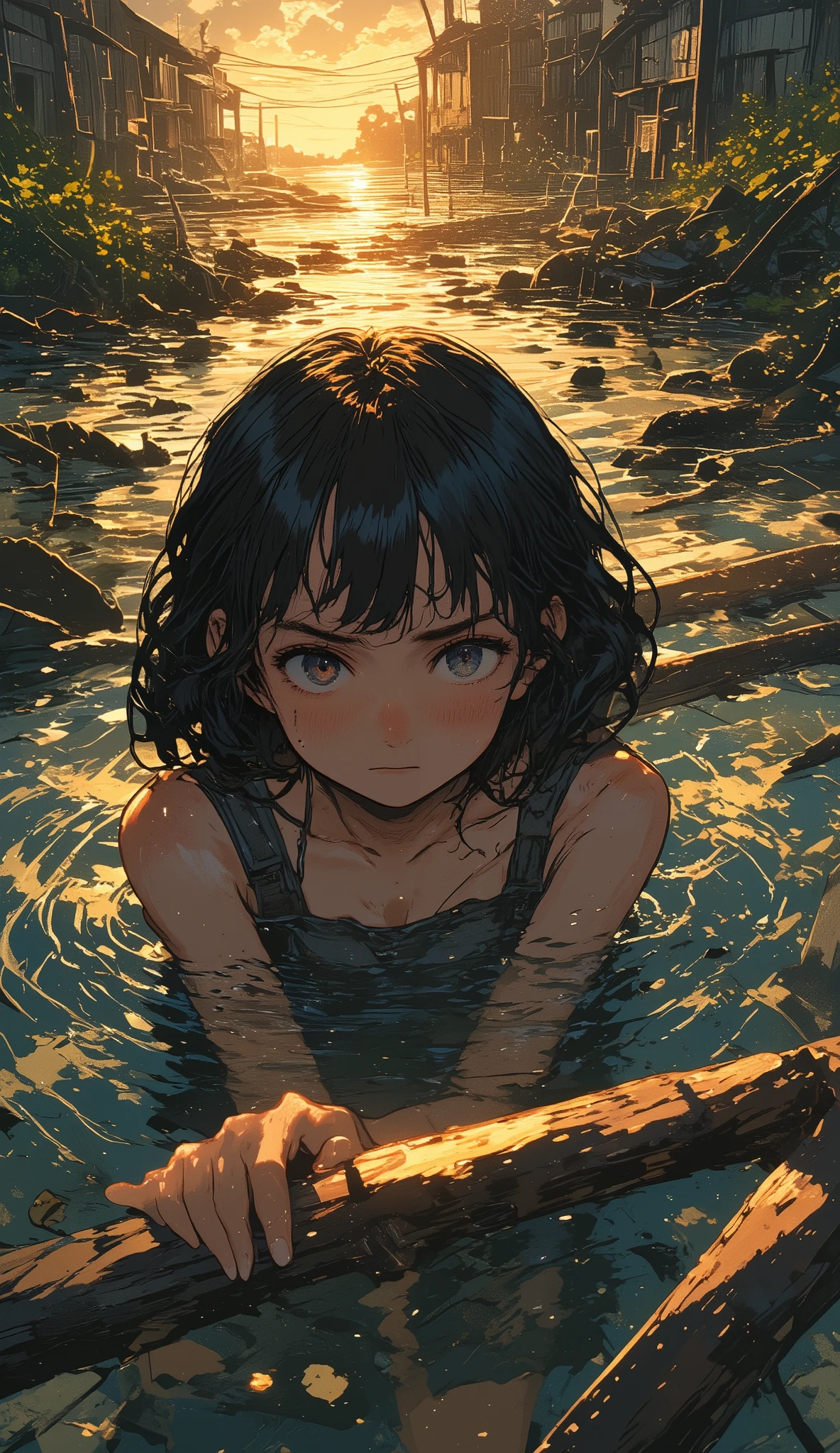 A deeply emotional Studio Ghibli-style illustration of a young girl trapped in murky floodwaters, her tired but determined eyes staring forward. Her short, curly black hair is wet and clings to her face, while her pale hands grip a wooden beam, showing signs of exhaustion yet resilience. The water around her is dark and filled with debris, reflecting the aftermath of a devastating natural disaster. Despite the despair, a soft, golden light from the overcast sky gently illuminates her face, symbolizing quiet strength and human spirit. The detailed animation style captures the ripples in the water, her expressive eyes filled with silent courage, and the somber yet poetic atmosphere characteristic of Ghibli films. The background consists of blurred remnants of a collapsed village, reinforcing the emotional weight of the scene.