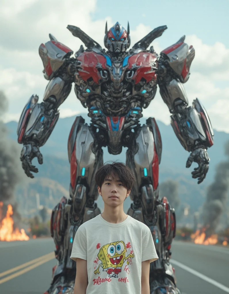 1 boy and robot, Optimus Prime and Haruma, detailed boy portrait, detailed robot portrait, mecha, futuristic, cinematic lighting, epic, dynamic composition, photorealistic, intricate details, hyper detailed, 8k, best quality, masterpiece