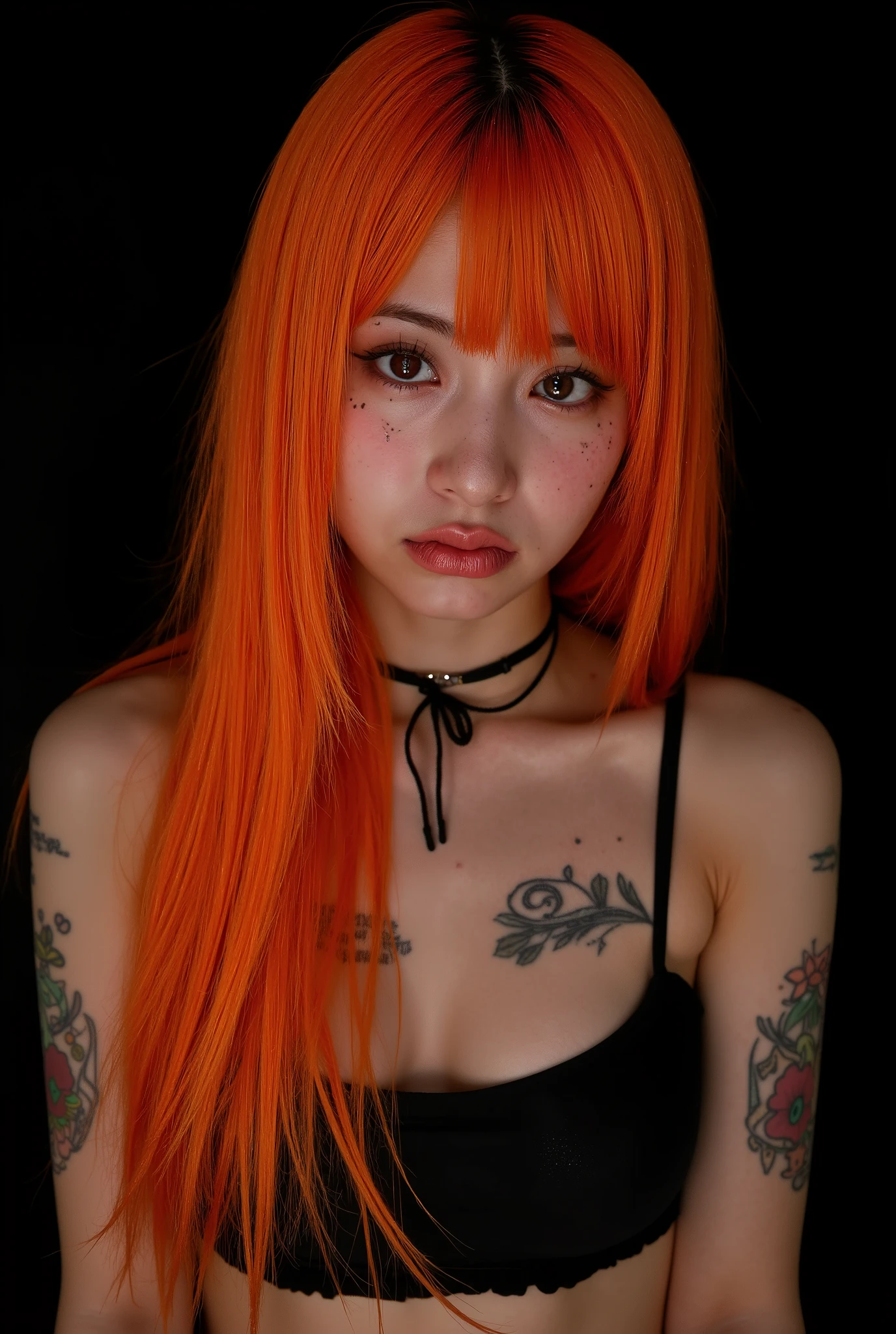 One girl、((tattoos)), Excellent anatomy, masterpiece, Highest quality,Realistic, hyperRealistic, 16k hdr,NSFW、Long orange Hair、Straight Hair、bangs、freckles、high school girl、Slender、Slender body、asian high school girl, huge breasts, cleavage, Lewd, horny, (((sexual gaze))), huge breasts, cleavage, (((neon orange monochromatic color palette))), (((sexy pose))), big orange eyes, ulzzang, portrait, (anime), manga, sexy, submissive, (((crying))), ((seductive)), ((heavy blushing)), shy, tease, 8k, Highest quality, masterpiece, Sharp focus, ((shiny skin)), ((naughty girl)), black background,