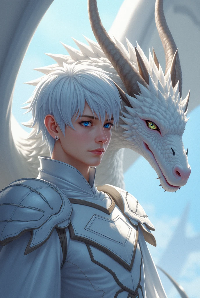 masterpiece, best quality, (extremely detailed CG unity 8k wallpaper, masterpiece, best quality, ultra-detailed, best shadow), (detailed background), (beautiful detailed face, male 25 years old, short white hair, warrior characteristic, light blue eyes, blue sky background and dragons flying in the background, and a wooden sign saying 7000 subscribers