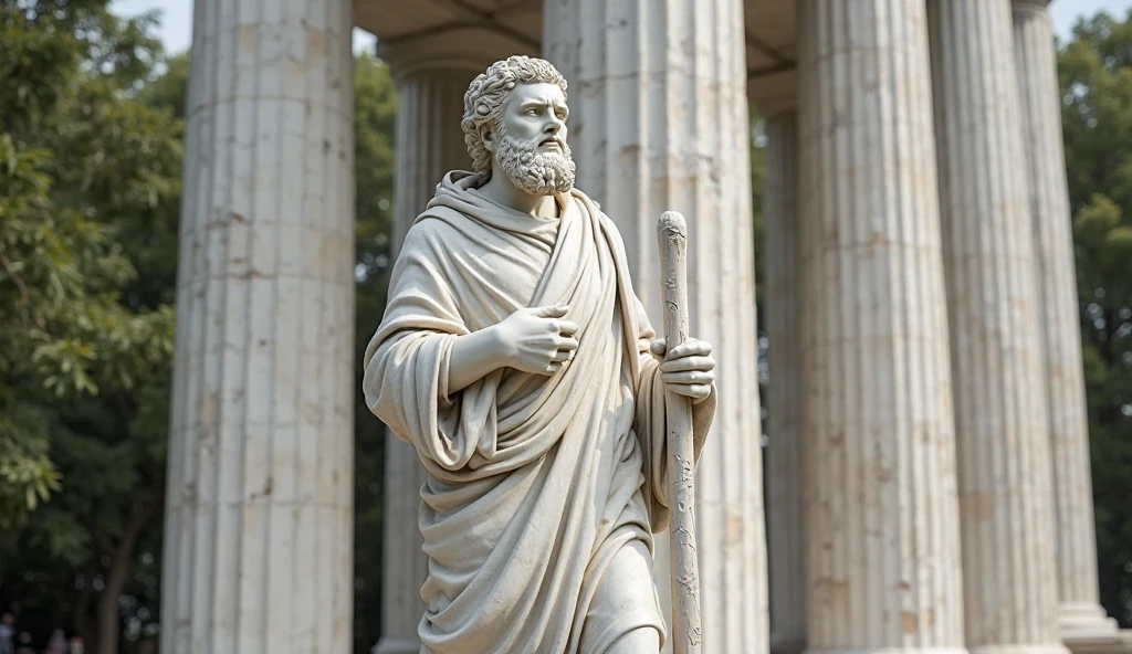 (CG de alta qualidade：1.2，rico em detalhes，8k，A high resolution) Socrates portrayed as a superhero, homem, 55 anos, um pouco acima do peso, barba espessa, vestimenta humilde, ombros largos, right hand indicator pointing forward, luz branca de poder na ponta do dedo indicador, testa proeminente e enrugada, um pouco calvo, cabelos levemente ondulados, nariz reto, olhos castanhos e penetrantes, sorriso no canto da boca, ring of white and transparent lights of power around the head, wears a gray woolen and worn tunic, blue skies, oliveiras, Ancient Greece, Greek Agora, Cavaleiro dos Zodiaco.