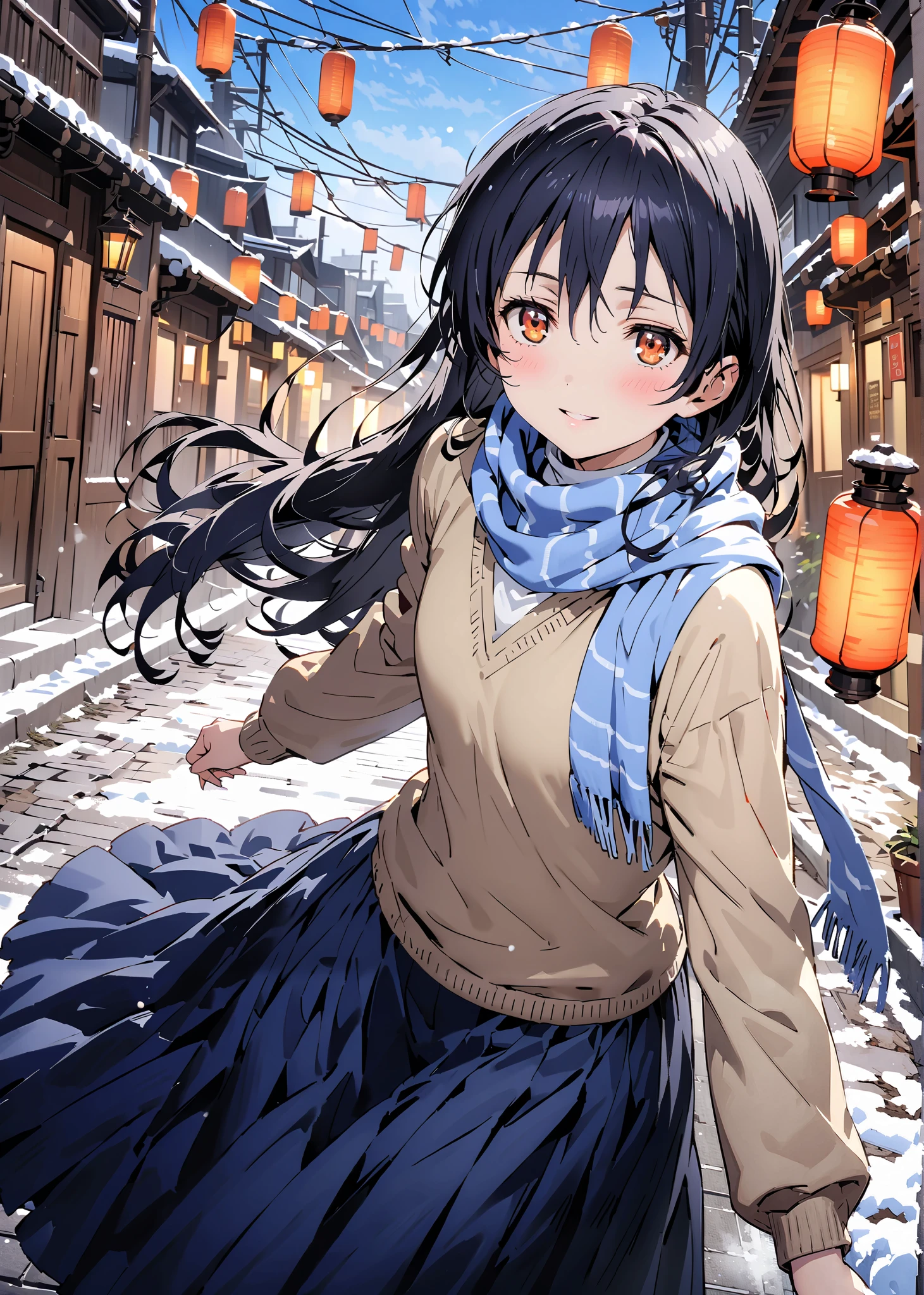 Sonoda Umi  , Alone,long hair, bungs, Between the eyebrows, brown eyes,  Lantern,smile,blush,open your mouth,half up do,Glasses,duffle coat,(sweater  :1.2),( turtleneck:1.2),blue scarf ,Long Skirt,boots,snow,morning,walking,full bodyがillustration for both eyesに入るように,               break outdoors,  residential area,
break looking at viewer,full body,
break (masterpiece:1.2), top quality, high resolution,  Unity 8K Wallpaper , (illustration for both eyes:0.8), (beautiful detailed eyes every time I look to the side:1.6), highly detailed faces that insist on buttocks,  perfect lighting, extremely detailed CG, full body写真,(PERFECT HAND, PERFECT ANATOMY),