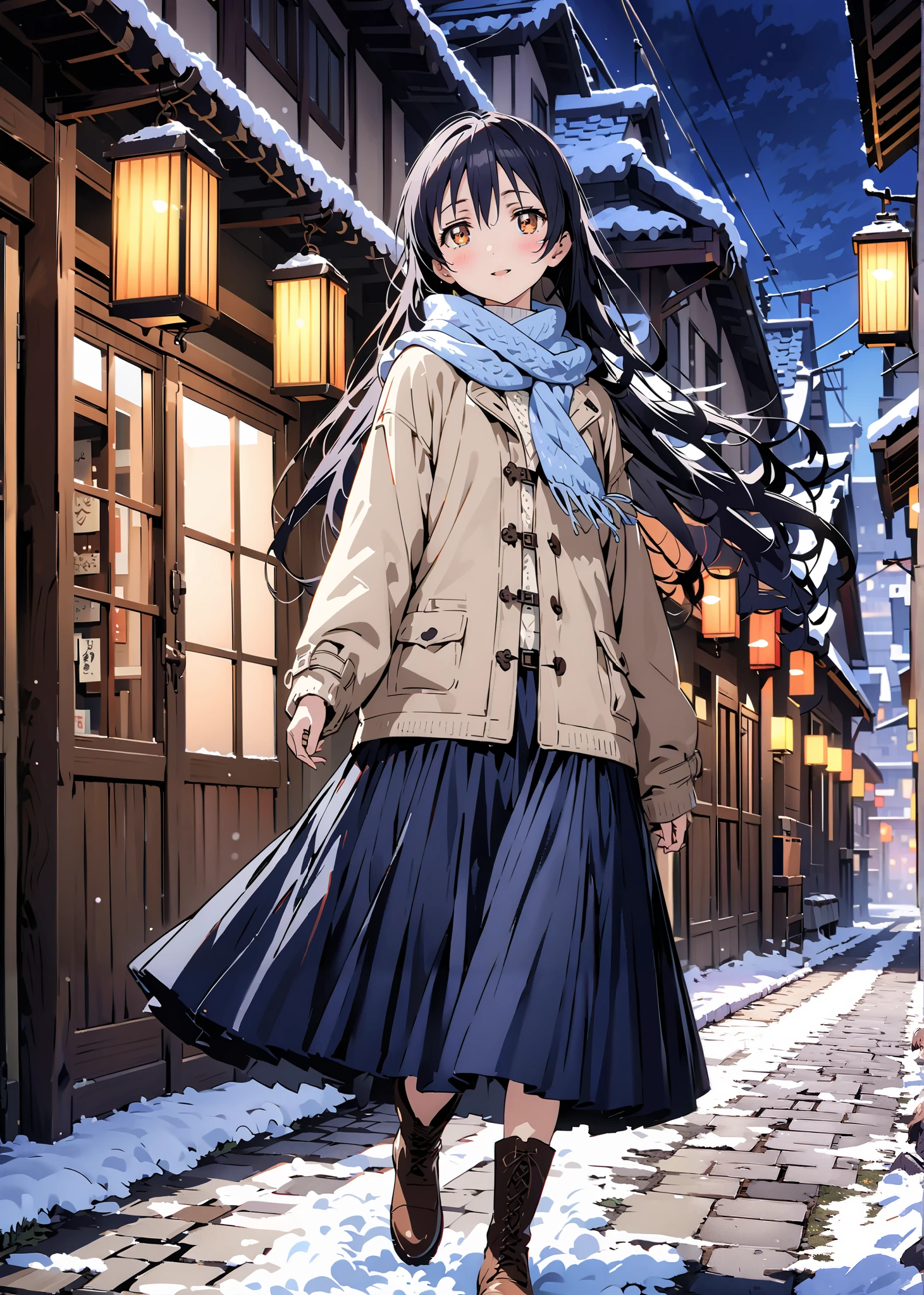 Sonoda Umi , Alone,long hair, bungs, Between the eyebrows, brown eyes, Lantern,smile,blush,open your mouth,half up do,Glasses,duffle coat,(sweater :1.2),( turtleneck:1.2),blue scarf ,Long Skirt,boots,snow,morning,walking,full bodyがillustration for both eyesに入るように, break outdoors, residential area,
break looking at viewer,full body,
break (masterpiece:1.2), top quality, high resolution, Unity 8K Wallpaper , (illustration for both eyes:0.8), (beautiful detailed eyes every time I look to the side:1.6), highly detailed faces that insist on buttocks, perfect lighting, extremely detailed CG, full body写真,(PERFECT HAND, PERFECT ANATOMY),