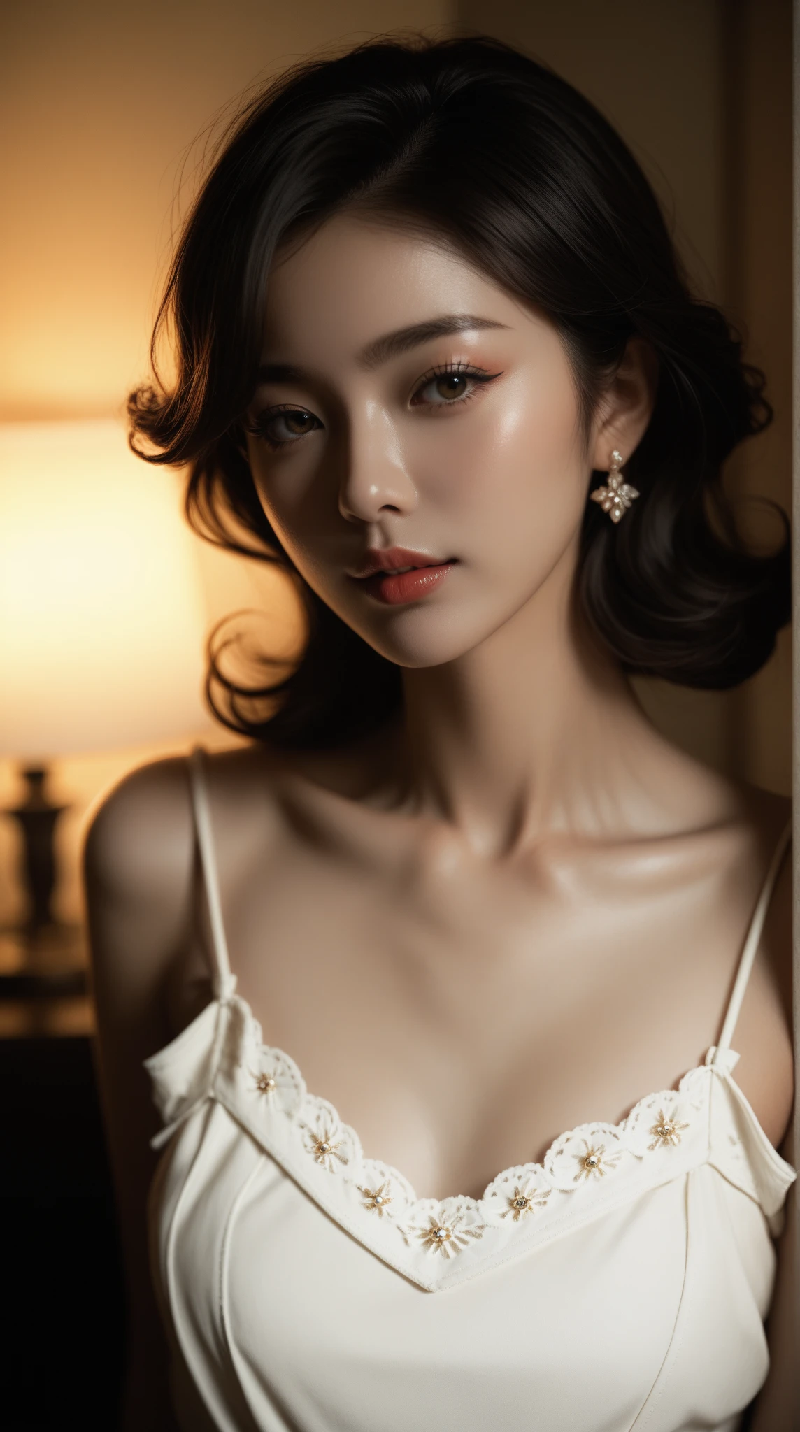 ((Best Quality, 8K, Masterpiece: 1.3)), (Flower Cap: 1.3), Focus: 1.2, Perfect Body Beauty: 1.4, Buttocks: 1.2, (Layered Haircut: 1.2)), (Dark Street: 1.3), solo, Highly Detailed Face and Skin Texture, Full Body, Delicate Eyes, Double Eyelids, Whitened Skin, Long Hair, (Round Face: 1.5), (Loose Crop Top, Shorts: 1.6), high resolution, big breasts, detailed realistic breasts, beautiful breasts, realistic smooth white skin, detailed realistic hands, detailed realistic fingers, perfect human body ratio, perfect women figure, sexy, sexual expression, seducing, tight clothes, transparent clothes, extremely detailed, ultra realistic, smooth lighting, detailed eyes, detailed realistic hair, slim abs, detailed realistic arms, realistic human body posture, tight transparent bra, detailed realistic women body parts, young beautiful girl, sexy girl, detailed realistic necklace, detailed realistic ears, earings, detailed realistic bra texture