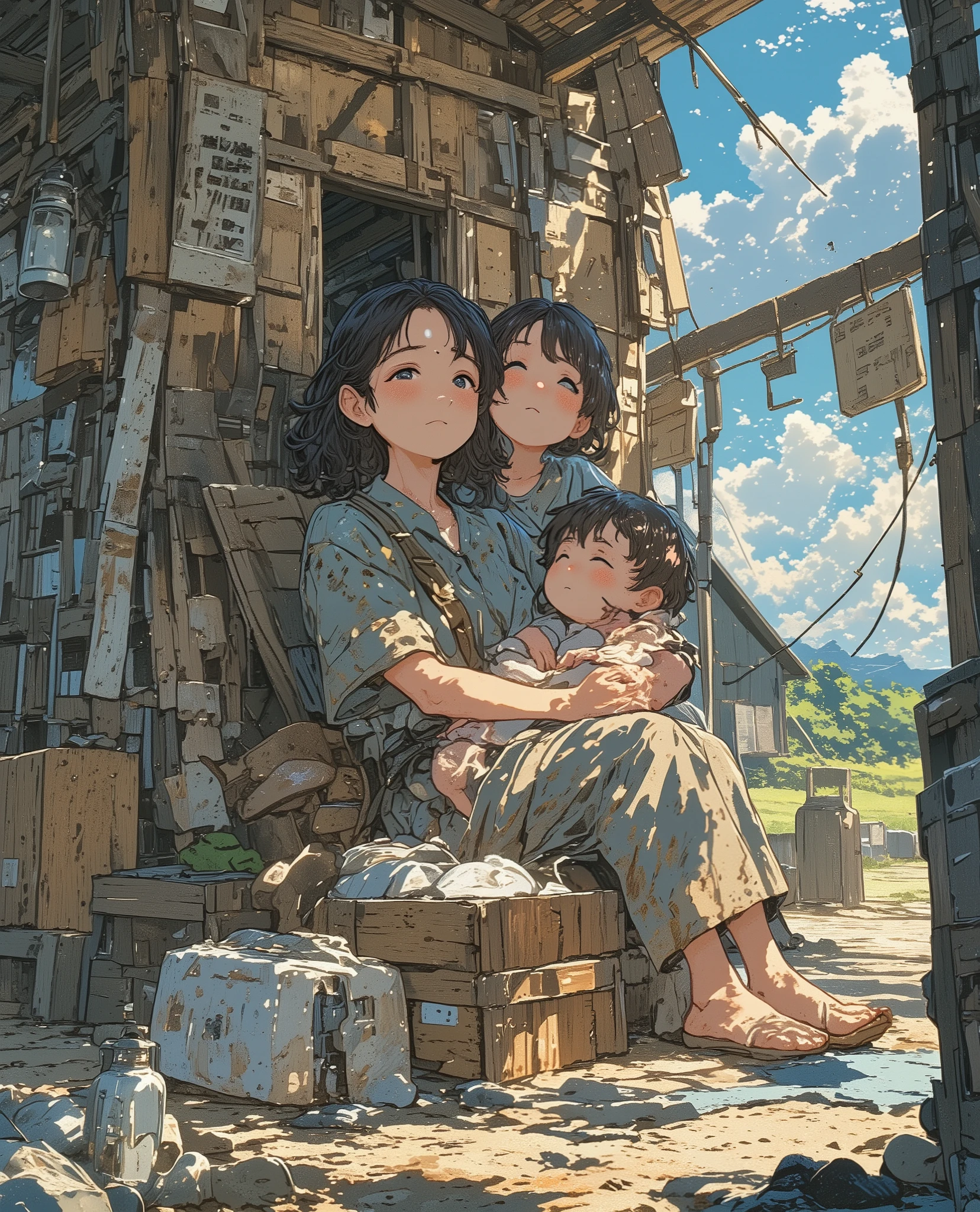 A beautifully hand-drawn Studio Ghibli-style illustration of a tired but strong mother sitting outside a small, worn tent in the countryside. She is dressed in a simple, faded dress with visible spots, holding a sleeping in her arms while an older (older) sibling clings to her shoulder, looking up with a mixture of sadness and hope. The mother’s face, though tired, shows deep love and determination. The surroundings are dusty, with wooden crates, old lanterns, and belongings scattered around her, symbolizing a difficult life. The color palette is soft and earthy, with warm hues that evoke nostalgia and resilience. The sky in the background is vast, with a few clouds floating by, giving a sense of struggle and persistence. The art style captures the expressive emotions, detailed textures, and cinematic framing, evoking the warmth and depth typical of Studio Ghibli films.