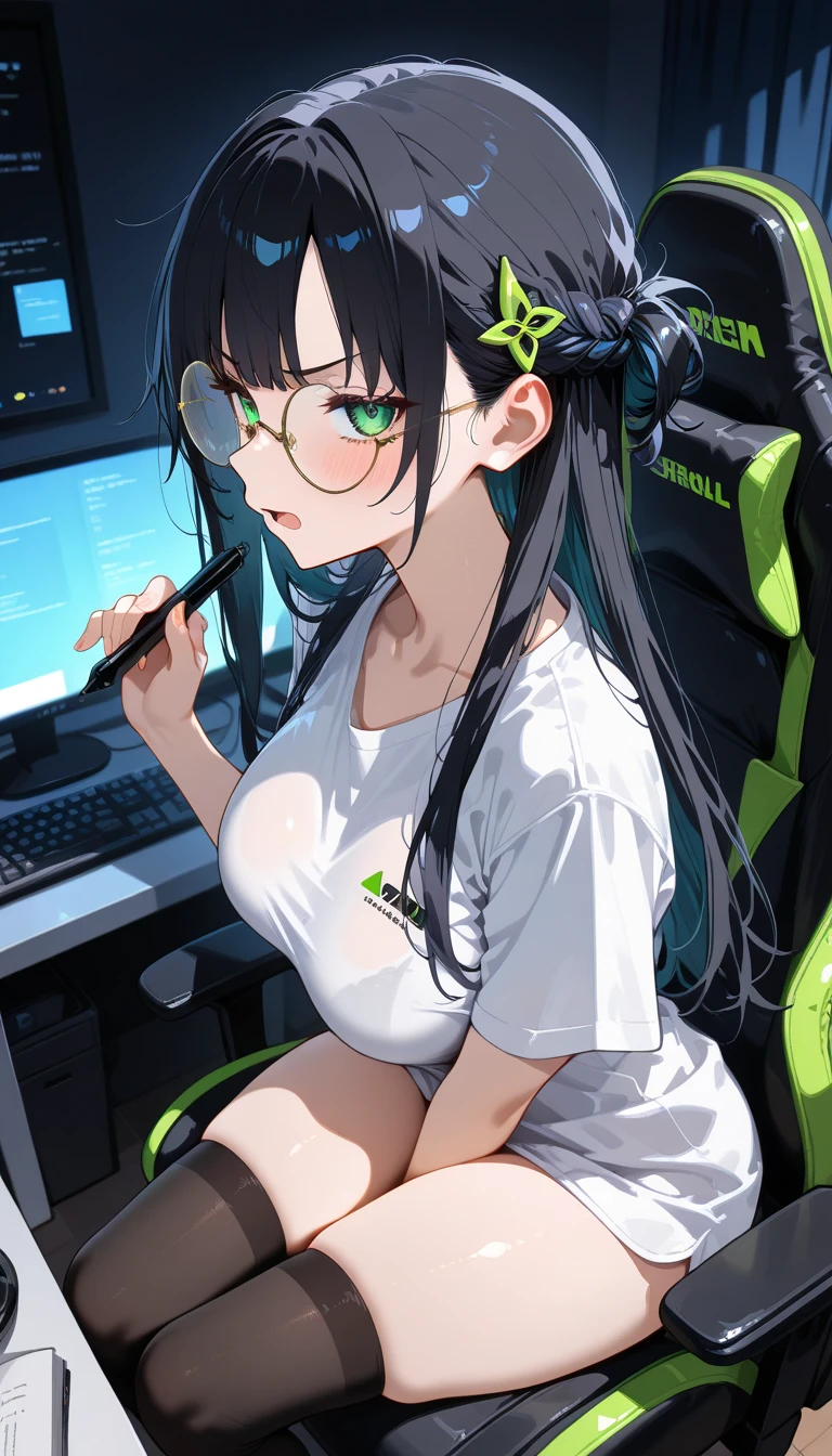 nsfw 1girl, solo, long breasts, masterpiece, best quality, good quality, newest, ultra quality, high detailed, blush, perfect eyes, quality eyes, black hair, green eyes, Large white t-shirt, bare thighs, stockings, large thighs, black hair, round glasses, long hair, room, asuna Sword art online hairstyle,, indifferent look, dark circles under the eyes, annoyed look, sitting in a gaming chair, holding a digital pen, open mouth, looking at the viewer, focus eyes, looking at the viewer, other side, profile body, head looking at the viewer,