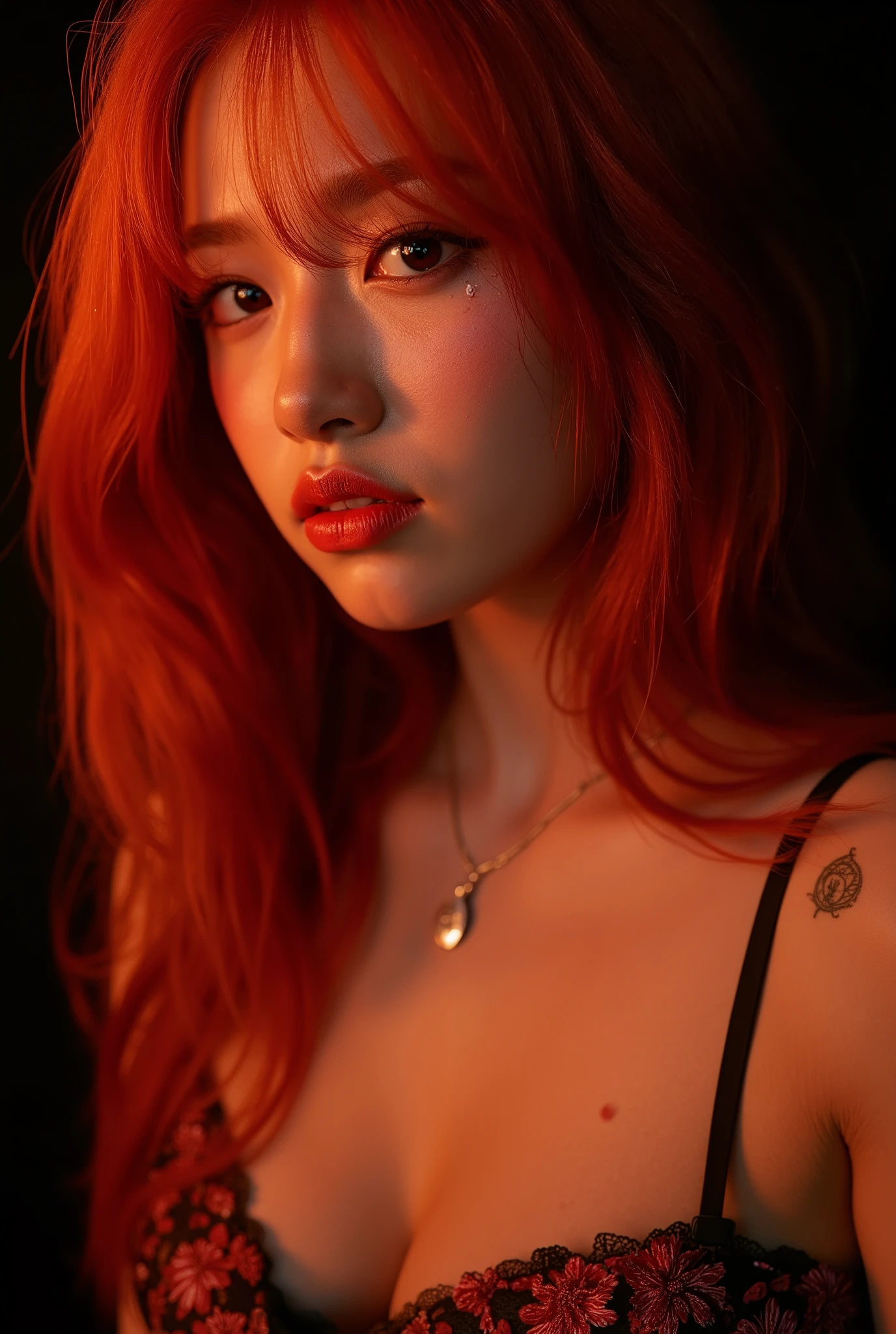 One girl、((tattoos)), Excellent anatomy, masterpiece, Highest quality,Realistic, hyperRealistic, 16k hdr,NSFW、Long orange Hair、Straight Hair、bangs、freckles、high school girl、Slender、Slender body、asian high school girl, huge breasts, cleavage, Lewd, horny, (((sexual gaze))), huge breasts, cleavage, (((neon orange monochromatic color palette))), (((sexy pose))), big orange eyes, ulzzang, portrait, (anime), manga, sexy, submissive, (((crying))), ((seductive)), ((heavy blushing)), shy, tease, 8k, Highest quality, masterpiece, Sharp focus, ((shiny skin)), ((naughty girl)), black background,