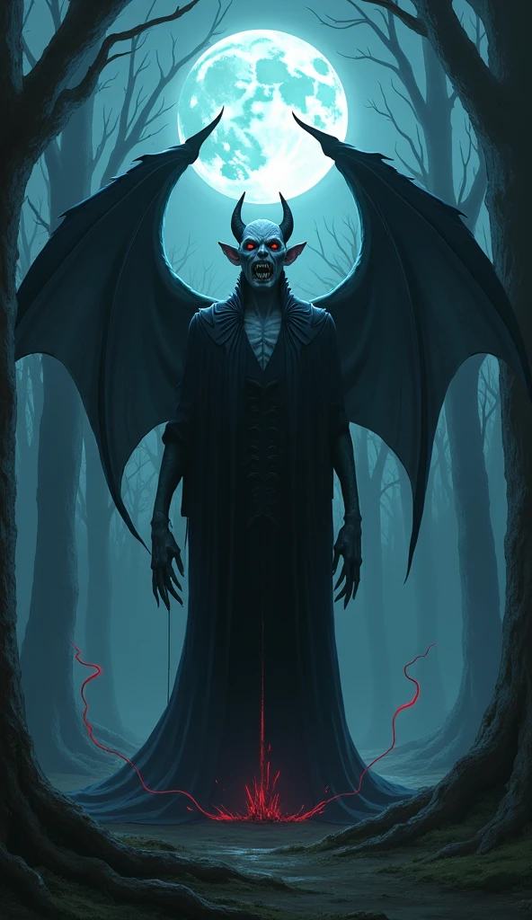 A vampire with terrifying demonic wings in the forest in warrior robes on a full moon night