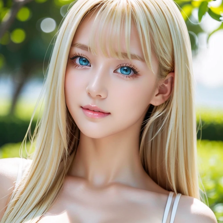 face focus, adorable, 20Beautiful bright blonde woman of age、 dress, super long straight blonde hair、Beautiful blonde silky hair that shines brightly、cleavage, Are standing, arm behind head, Bangs that are messy between the eyes、low contrast, (smile:0.8), hair scrunchie, highest quality, 超A high resolution, photo-realistic, super detailed, 8K, Raw photo, perfect anatomy、small face beauty、eyeliner、Very large and bright pale sky blue eyelight, very white and shiny skin、cheek gloss、Glossy skin