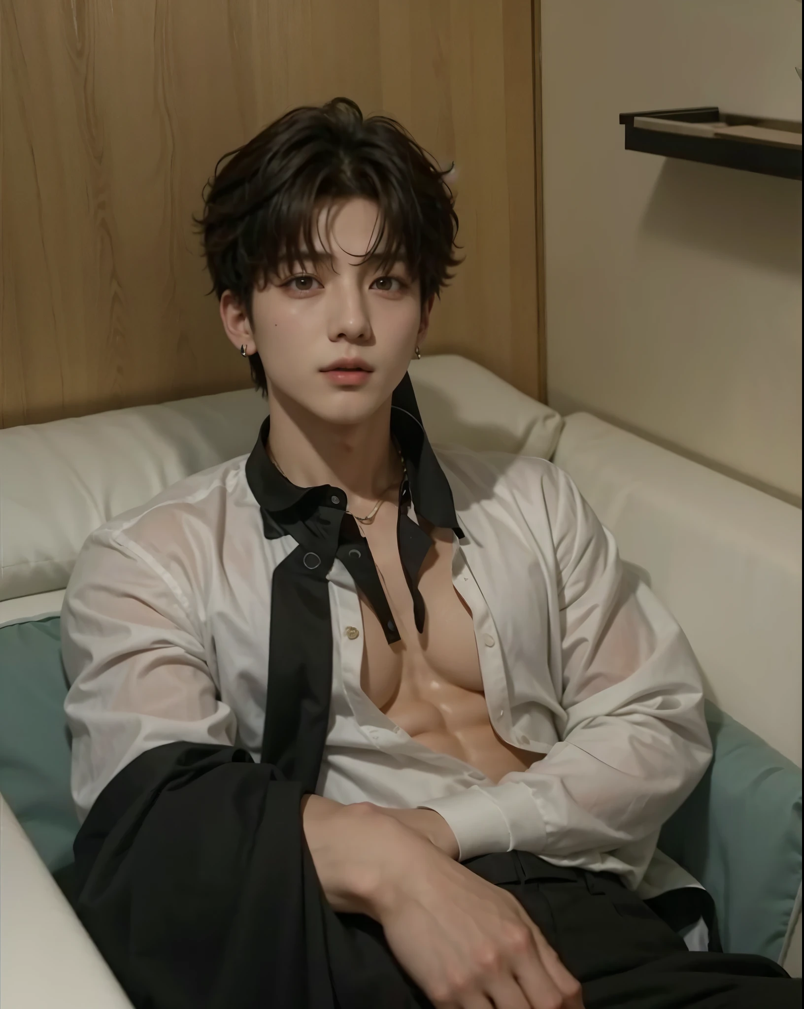 Jungkook, sentado e sem camisa fumando cigarro.