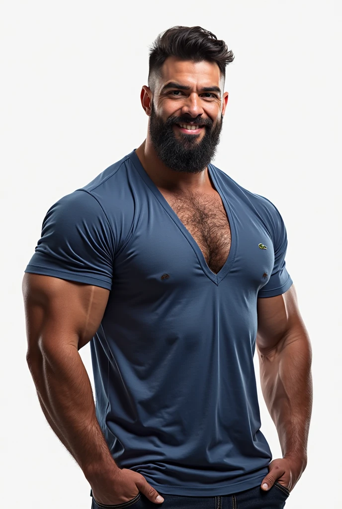 stocky white russian man with big arms big pectorals with beard wearing casual pants with satin shirt grant quality c maximum sharp high quality, dynamic pose smiling