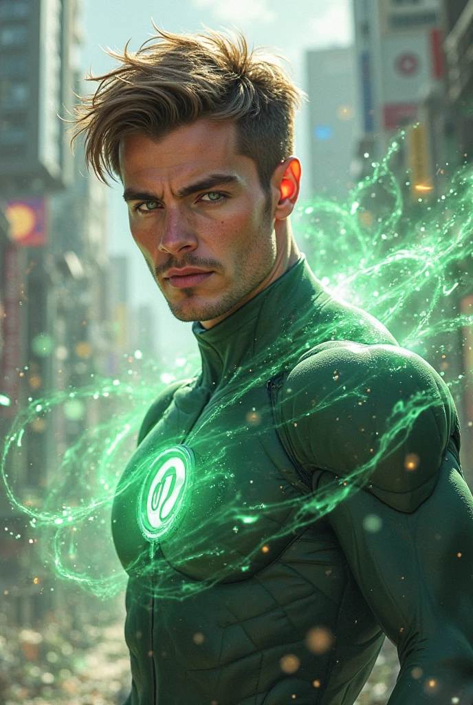 Male speedster hero. Primarily green suit. Secondary color black. Silver accents. Mask letting his hair out. Lightning bolt symbol on chest. Realism