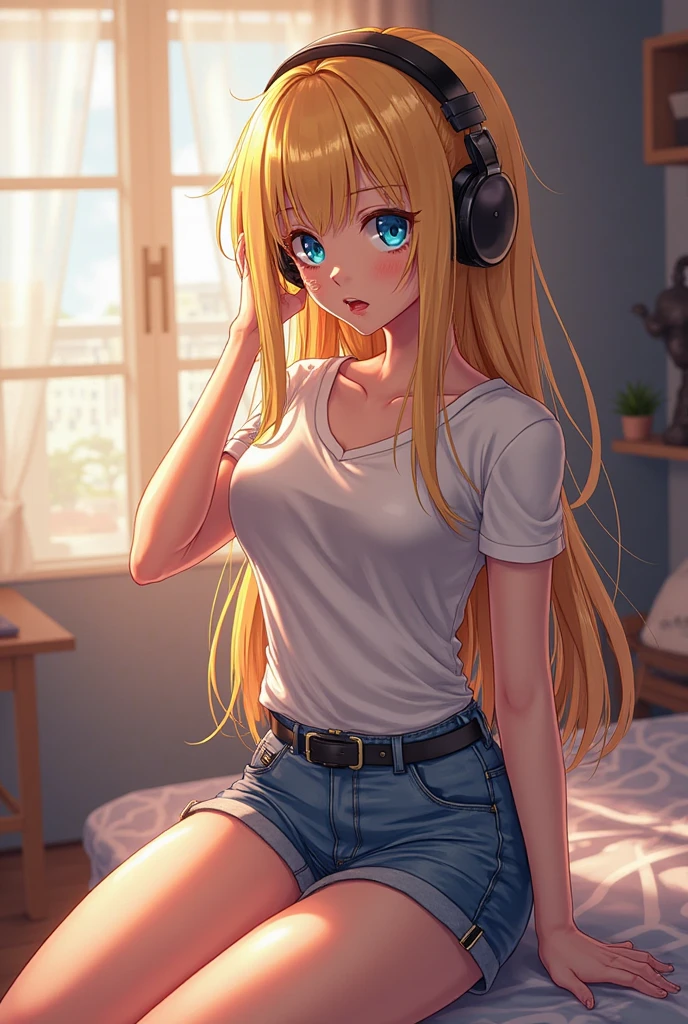 1girl, ( young girl, cute girl), medium breast, blonde hair.detailed beautiful eyes.yellow  eyes, long hair, bangs, hair clip, white T - shirl, using headset