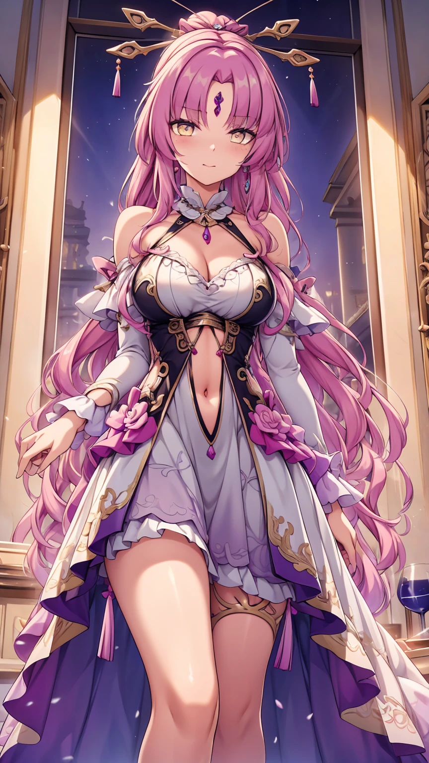 ((Anime art style)),(masterpiece),(Highest quality), (Super detailed),((Very delicate and beautiful)),(((alone))),((whole body)),(((1 princess in A gorgeous Rococo princess ball gown with beautiful embroidery and jewels.。Shiny Hair, Shiny skin,over1000favorite-quality,Comes with a voluminous full-length hoop skirt。))),((crinoline,Long train)),((Glittering)),(Gorgeous embroidery and lace),(Gorgeous gemstone jewelry),Detailed face and eyes,Jewel-like eyes,((Very voluminous straight hair,Very long straight hair)),((((Huge boobs)))),Cleavage,Very gorgeous hair accessory,((A very gorgeous jewel-encrusted tiara)),Audience Room,(standing in castle),Luxury Palace,Dynamic Angle,View your viewers,((A gorgeous Rococo princess ball gown with beautiful embroidery and jewels.。Comes with a voluminous full-length hoop skirt。))