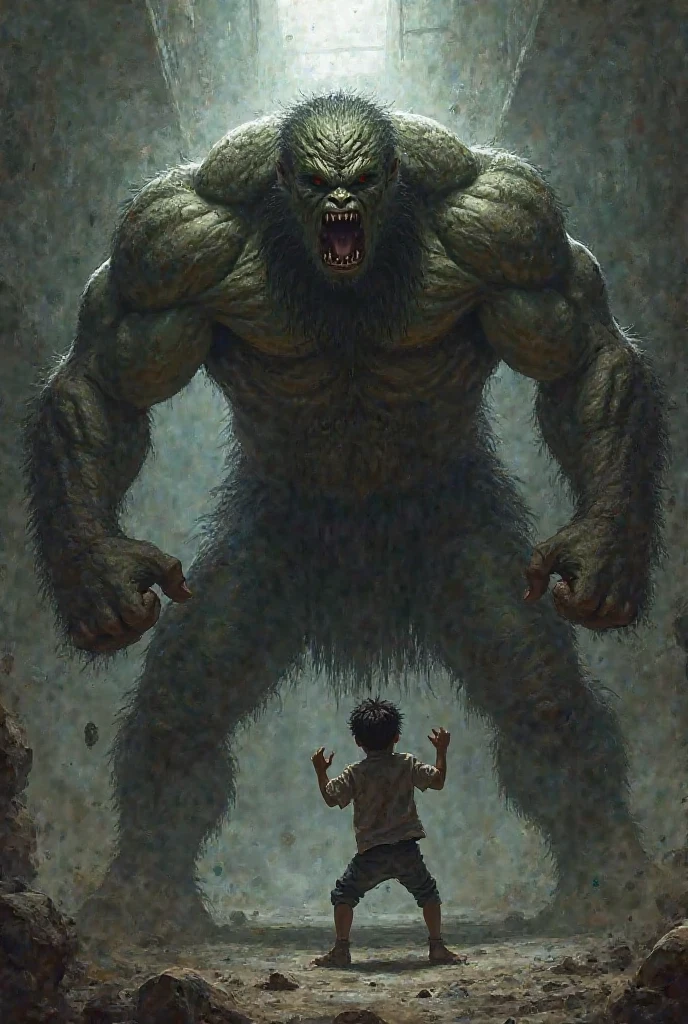 A young girl, the daughter of Severus Snape, green eyes , black hair. fighting a mountain troll in the girls' bathroom, detailed portrait, hyper realistic, dramatic lighting, cinematic composition, fantasy, dark magic, wand, spell casting, terrified expression, water splashing, rubble, high quality, 4k, photorealistic