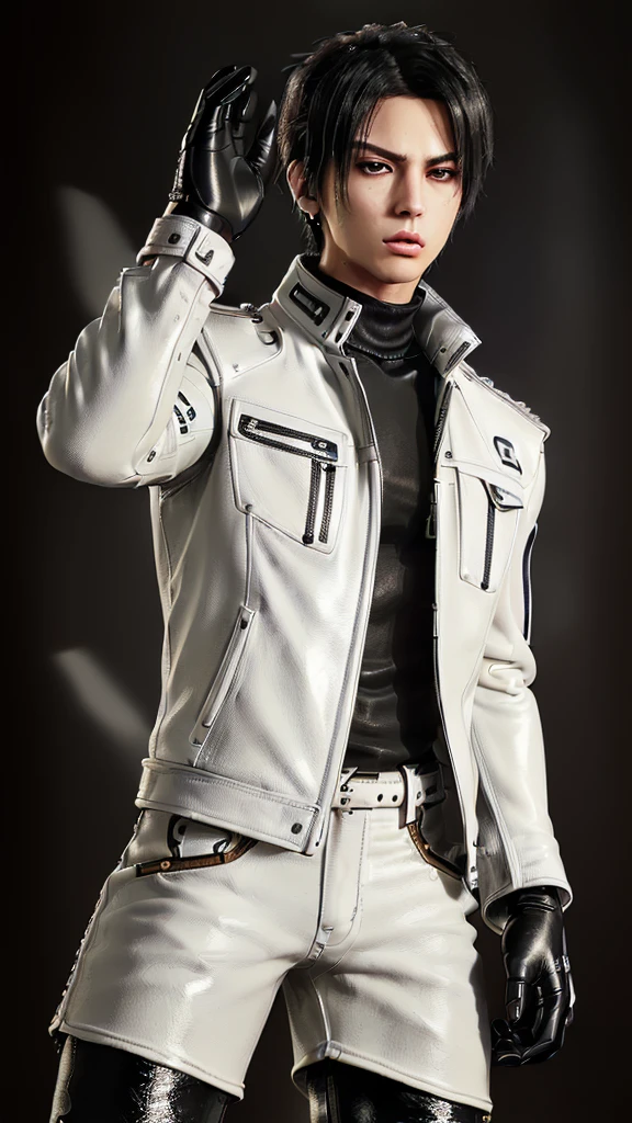 ((Final fantasy taste and reality graphics,)) (((Japanese young cute and cool ikemen boy))), his age is early 20s, thin eyebrows and beady eyes, (((((boy wearing off white color leather thick and heavy material jacket))))), (((((jacket is singlebrest))))), ((biker style jacket)), ((jacket is large size)),(((with epaulet))), ((((jacket is long sleeve)))), ((((zipped up front of the leather jacket)))), , ((voluminous leather jacket)), ,((((jacket collar is high length and stand-up collar)))), ((((jackets collar with two belts)))), ((jacket is a little black color line pattern)), ((also wearing black thick material turtleneck lackluster shirts)), ((((tight black long leather pants)))), (((((put black leather tight and thin glove on both hands))))),(((((leather glove is covered full fingers))))), ((black leather knee-high raceup boots)),(((((views head-to-toe))))),(((((must views whole body))))), ,((Do not show skin from the neck down)),leather jacket leather glove and leather pants have few wrinkles, Avoid showing your innerwear,zip up jacket fastner.must put on a leather glove.
Boy is black hair.boy looks like fashion model.