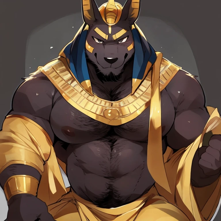 Muscular, male, furry, fluffy, Covered scars, bare chest, hot, (wet and sweaty: 1.3), abs, wide body, egyptian jewelry, egyptian armor, Looking at viewers, thick beard , (bara pecs: 1.1), anthro jackal, anubis mask, blushing, black body, black furr chest, wide body, (big chest: 1.3) , thick thighs, (arms against wall: 1.1), inside egyptian tombs, skimpy thong, adjusting thong, (bulge: 1.1), precum drip, barely visible genitals, detailed genitals outline, intimidating defiant expression, looking down, gold nipples ring, dark dramatic lighting, night, low angle, dutch angle, by hyaku , by darkgem