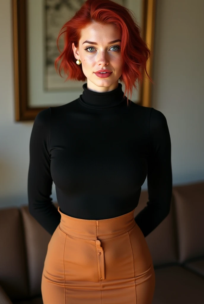 mother, Masterpiece, Best quality, ultra detailed, Beautiful lighting, 1 girl, Orange hair, cat ear, Green eyes, freckles, turtleneck top, I look at the viewer, detailed black stockings with belt, juicy ass, show ass