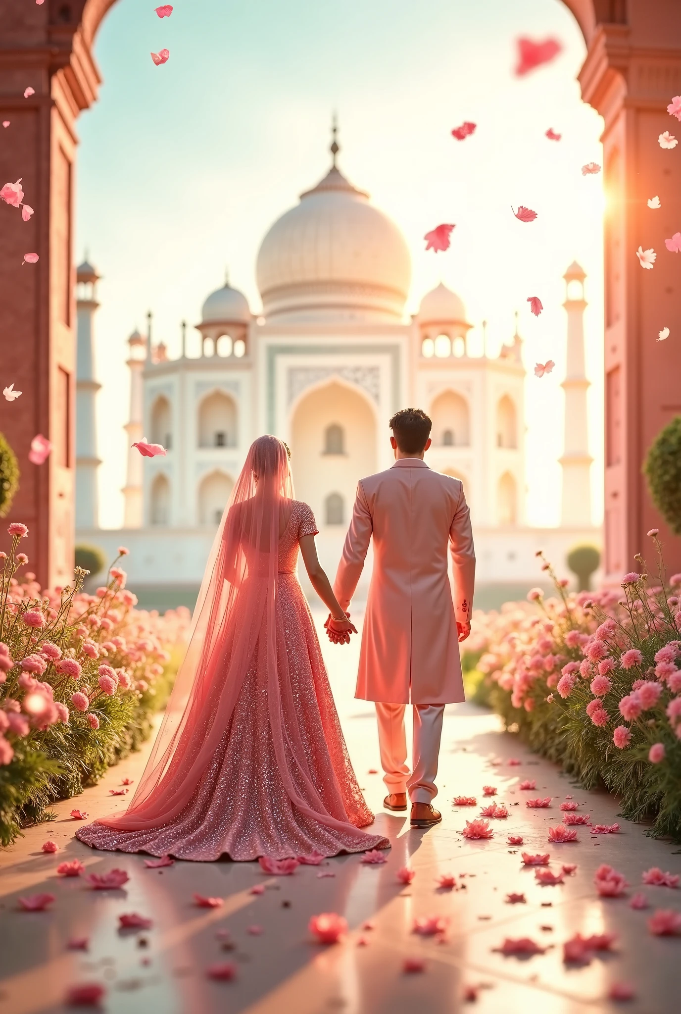 Beautiful couple standing near taj mahal