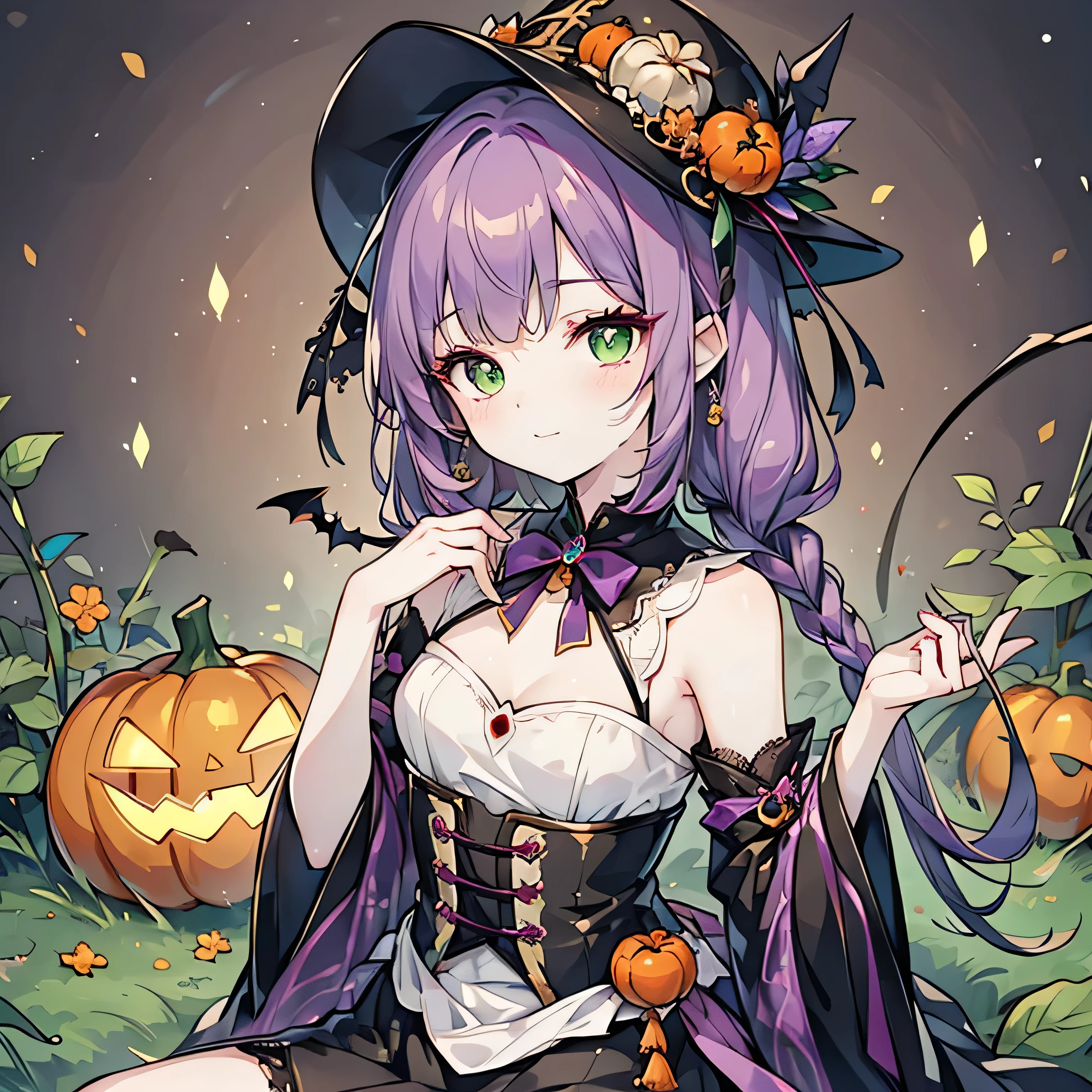 Create a cartoon-anime style character with a unique and whimsical appearance. She has purple hair with green streaks, styled into braids that resemble vines, complete with small leaves sprouting from them. Her eyes are a beautiful mix of green and brown, giving them an earthy, enchanting look.
She wears a cute yet gothic Halloween-themed outfit inspired by pumpkins. Her dress is predominantly orange, designed to resemble a pumpkin with subtle vertical ridges mimicking the texture of a real pumpkin. The skirt is puffy and round, resembling a pumpkin shape, with small green vine-like details wrapping around the waist and hem. The sleeves are puffed and slightly tattered, adding a playful, spooky effect. The outfit is adorned with black gothic elements such as lace, ribbons, corset-style lacing on the bodice, and bat or spiderweb motifs.
She also wears a small pumpkin as a hat, tilted slightly to one side, giving her a charming and mischievous look. The background of the image should be plain white, ensuring the character stands out vividly.