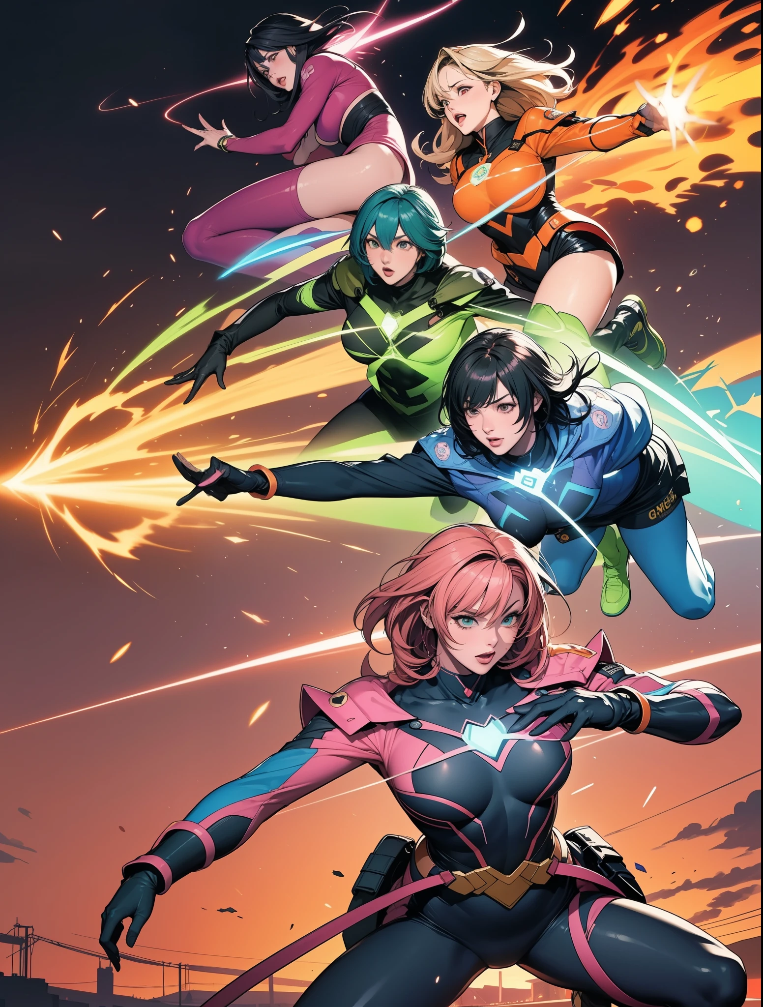 A brave and daring image of the six-woman Ranger team, Each is decorated with the following vibrant colors:: neon pink, Sunset Orange, Fire engine red, plasma blue, Fluorescent Green, shocking yellow. A dynamic pose with a background that oozes energy and courage.。, Embodying the essence of the classic Sentai superhero team. Each Ranger's outfit is sleek and modern, Each color has elements that reflect its theme., Ready for action. ((camel toe))