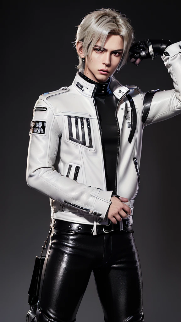 Final fantasy taste and reality graphics, Japanese young cute and cool ikemen boy, his age is early 20s, thin eyebrows and beady eyes, ((he wearing off white color leather thick material jacket)), ((jacket is singlebrest)), biker style jacket, with epaulet, jacket is long sleeve, ((must close the front of the leather jacket)), , ((voluminous leather jacket)), ,((must jacket is high length and stand-up collar)) ((jacket collar with two belts)), ((jacket is a little black color line pattern)),((close the front of the jacket)), ((also wearing black thick material turtleneck lackluster shirts)), ((tight black leather pants)), ((black leather tight and thin glove)), ((black leather knee-high raceup boots)),((must views head-to-toe)),((must views whole body)), ,((Do not show skin from the neck down)),leather jacket leather glove and leather pants have few wrinkles, Avoid showing your innerwear,zip up jacket fastner.must put on a leather glove.
Bous face is expression of ecstasy.
Boy is black hair.boy looks like fashion model.
Boy wrapping gagged with silver duct tape
