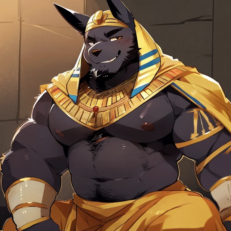 Muscular, male, furry, fluffy, Covered scars, bare chest, hot, (wet: 1.3), abs, wide body, egyptian jewelry, egyptian armor, Looking at viewers, thick beard , (bara pecs: 1.1), anthro jackal, anubis mask, black body, black furr chest, wide body, (big chest: 1.3) , (hand against wall: 1.1), thick thighs, (giant erect penis: 1.1), heavy cumming, wide open mouth, (shocked surprised expression: 1.1), gold nipples ring, dark dramatic lighting, night time, low angle, dutch angle, by hyaku , by darkgem