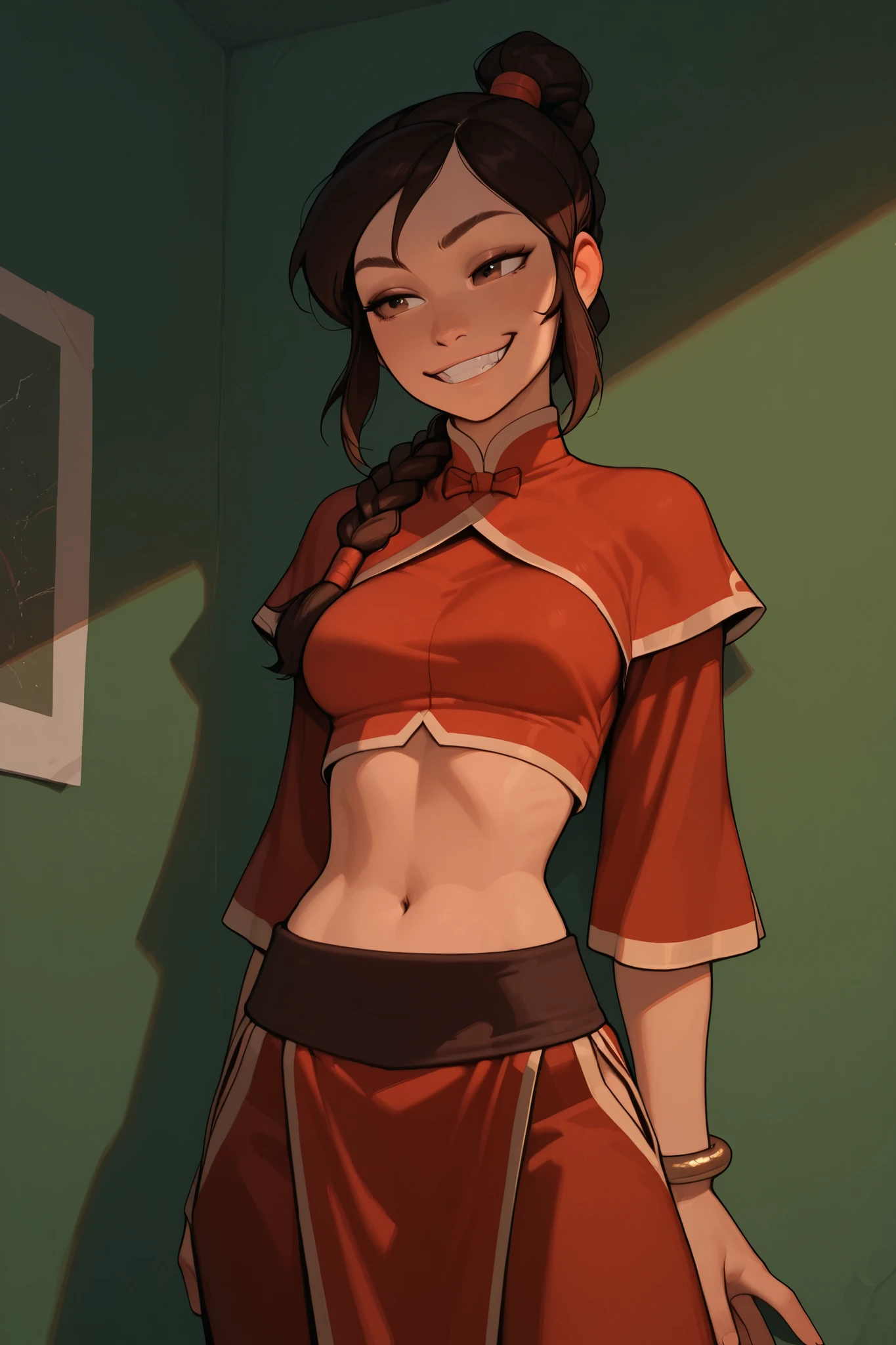 Ty Lee, long hair, brown hair, ponytail, braid, single braid, chinese clothes, bracelet, capelet, navel, midriff, pelvic curtain, pants, breasts, incoth, (incase:0.6), wicked grin, small room, bare green walls, now windows, medium shot