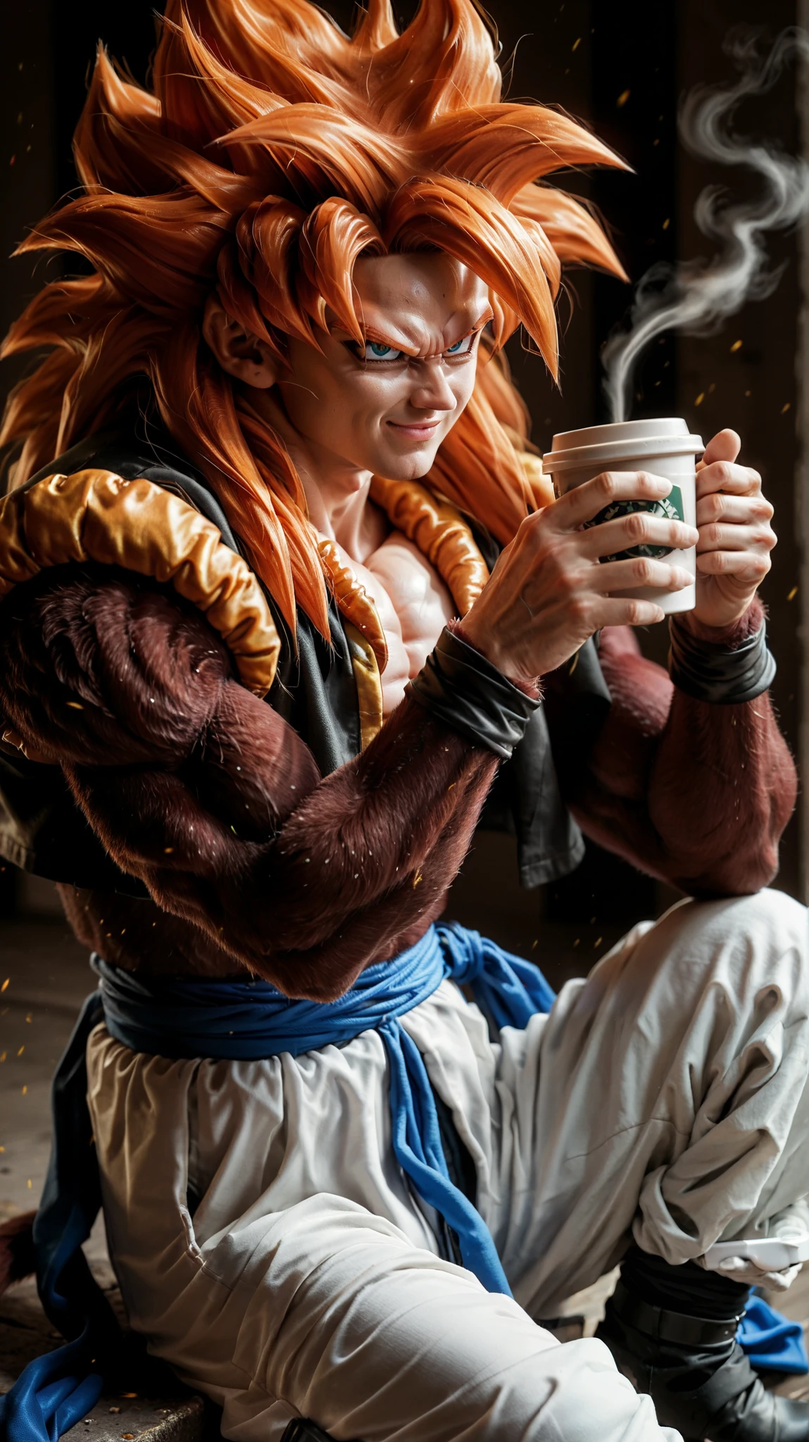 Ssj4 gojeta ,character with a muscular build, featuring spiky orange hair and a confident expression. The character has maroom fur skin and is wearing a black top with a yellow fur-like collar. The outfit includes white baggy pants tied with a blue sash, and black boots. A prominent feature is the long, brown tail extending from the back. He is drinking coffee