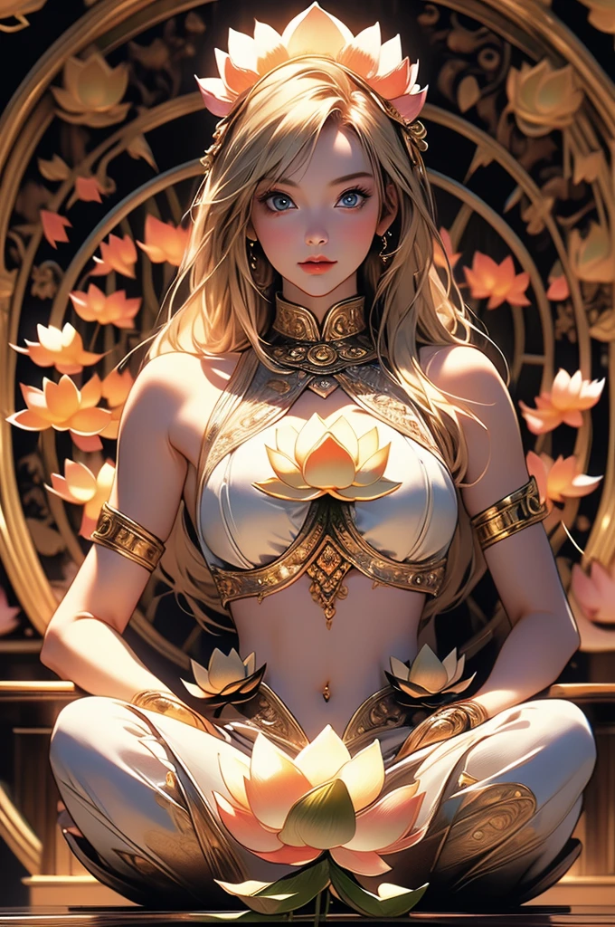 blond woman in black dress sitting in water with lotus flowers, ross tran 8 k, wlop art, art of wlop, loish and wlop, wlop and ross tran, japanese goddess, ross tran and wlop, wlop | artgerm, ross tran style, digital fantasy art ), white haired deity, inspired by WLOP, beautiful digital artwork, mandala in background