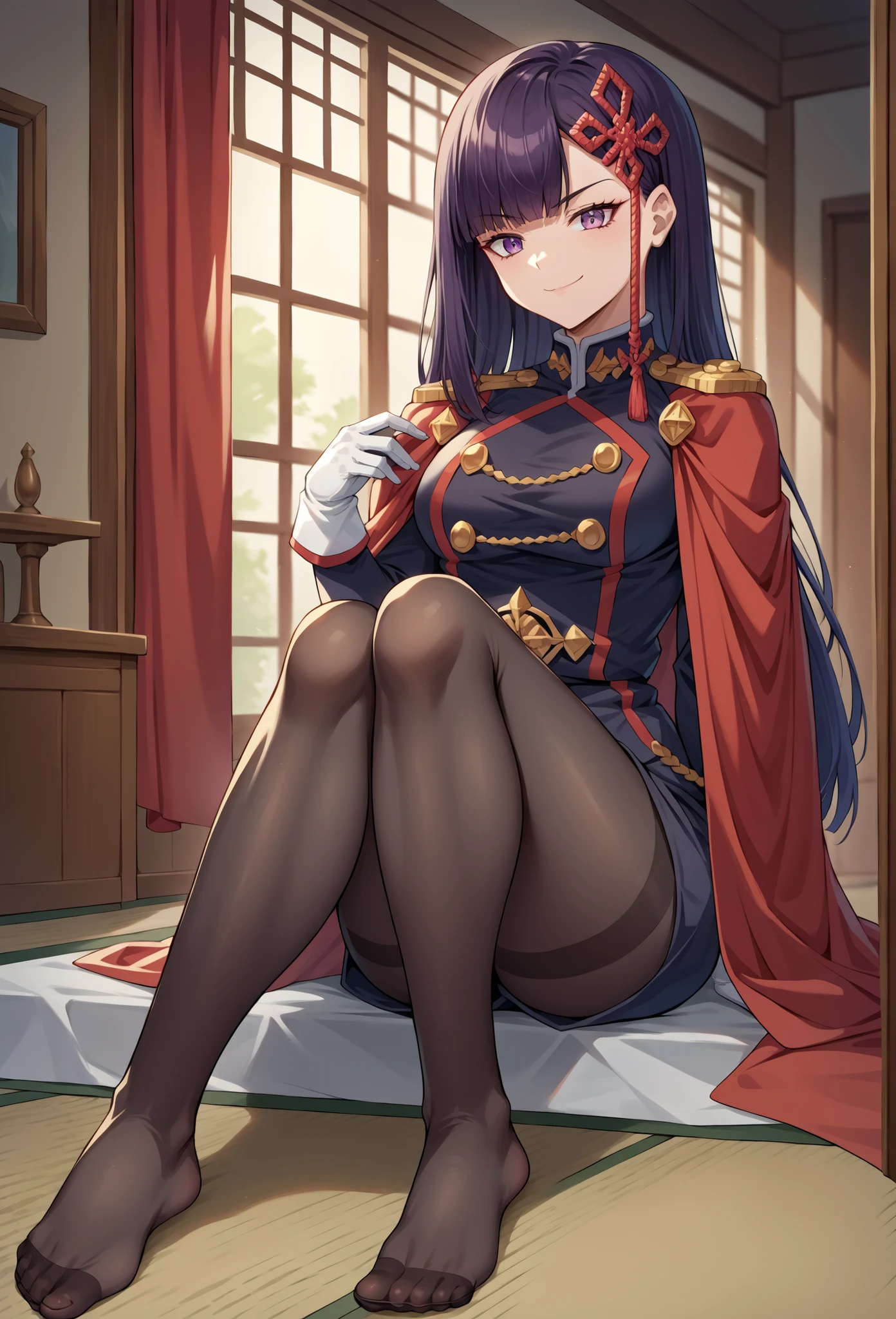 score_9, score_8_are, Source _anime, 1girl , Alone, Yamashiroren, Long hair , blunt bangs , hair ornament, military uniform, shoulder ornaments, white gloves , red cape, Waist, black pantyhose, sitting , arel trono, Thick thighs, smirk , indoors ,sexy, naked, language outside, feet