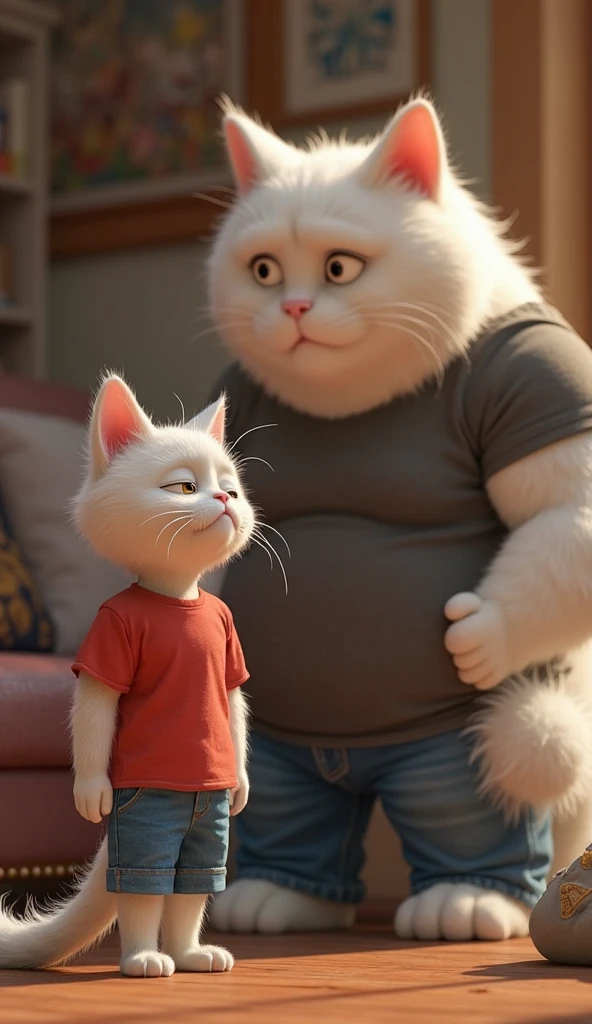 A white cat boy is transformed into a human being wears a red t-shirt and half blue pants , cries at home while talking to the big white cat . The big white cat is muscular , , wears a semi-black t-shirt and blue jeans , who seems worried but strong . The room is cozy , with soft lighting , and the atmosphere is filled with emotion when the cat boy expresses his feelings to his father in a Pixar-style 3D cartoon