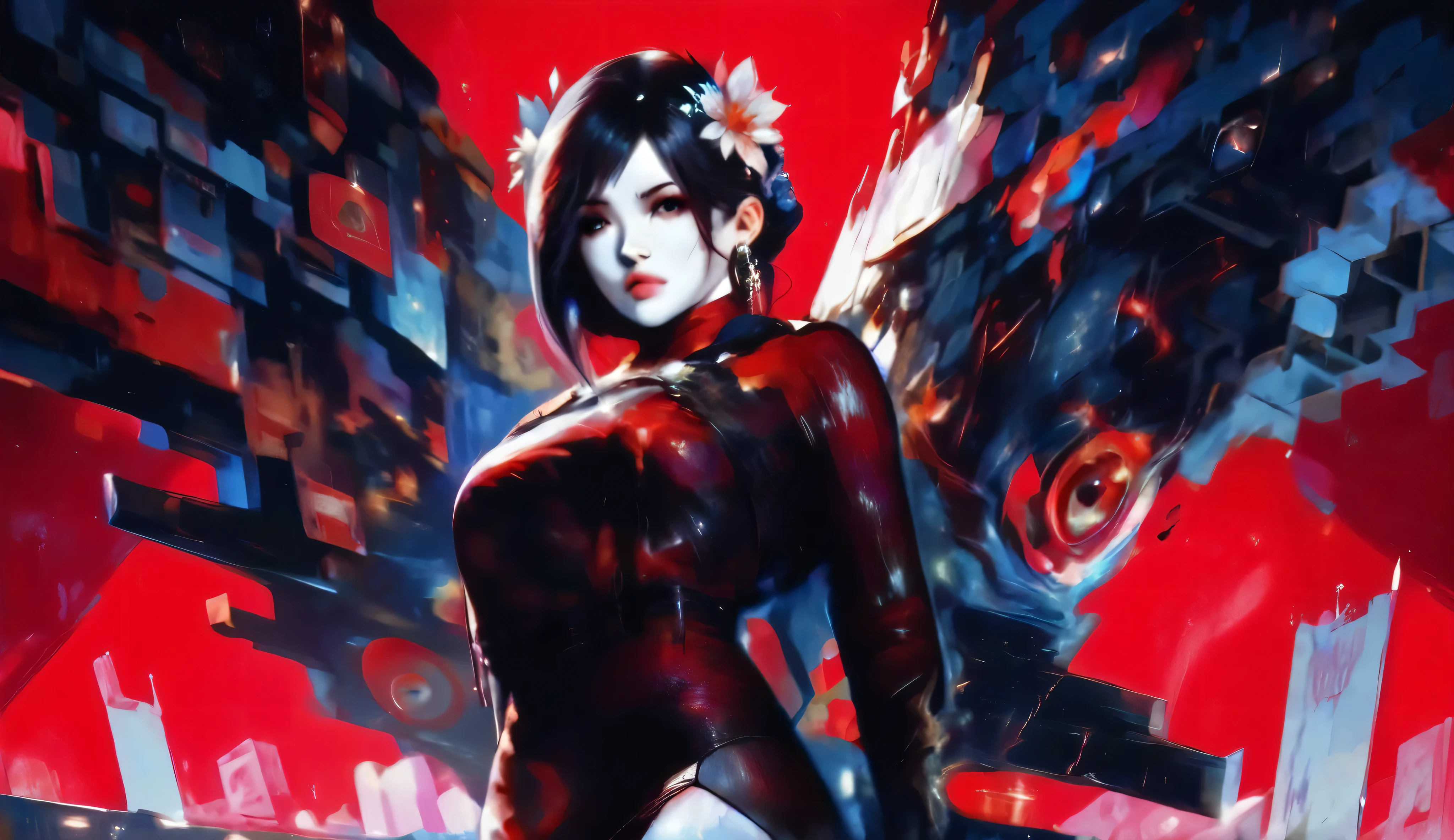 masterpiece, best quality, absurd, absurd, highres, extremely high detail, digital art style, drawn aesthetic, conceptual painting, paintniji, 1girl ada wong, solo, short black hair, looking at viewer, bangs, plain background, black hair, hair ornament, big thighs, jewelry, flower, earrings, parted lips, japanese clothing, black thighs, hair flower, blunt bangs, kimono, lips, piercing, thick eyebrows, messy hair, red background, perfect white skin, realistic, nose, city background, perfect black eyes, cowboy shot, perfect tits, tight black panties