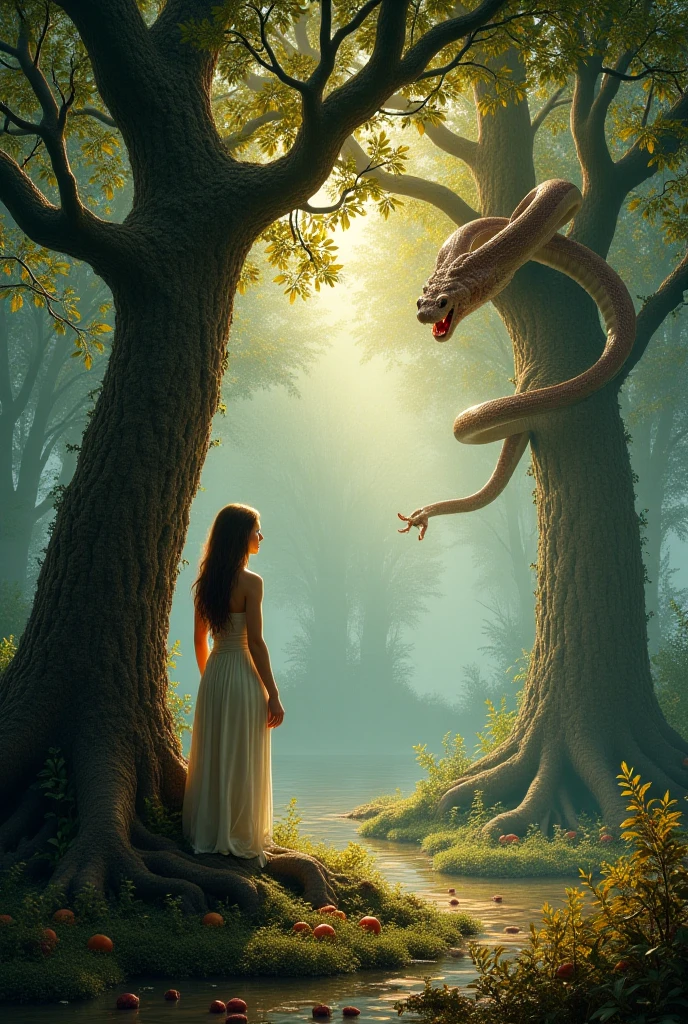 Eve and the serpent with four feet two wings its scales are silver and gold on the tree