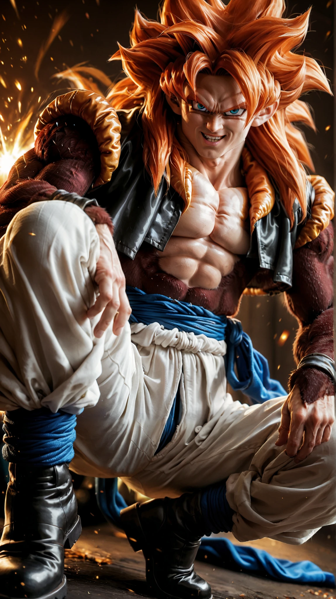 Ssj4 gojeta ,character with a muscular build, featuring spiky orange hair and a confident expression. The character has maroom fur skin  and is wearing a black top with a yellow fur-like collar. The outfit includes white baggy pants tied with a blue sash, and black boots. A prominent feature is the long, brown tail extending from the back. He is playing guitar