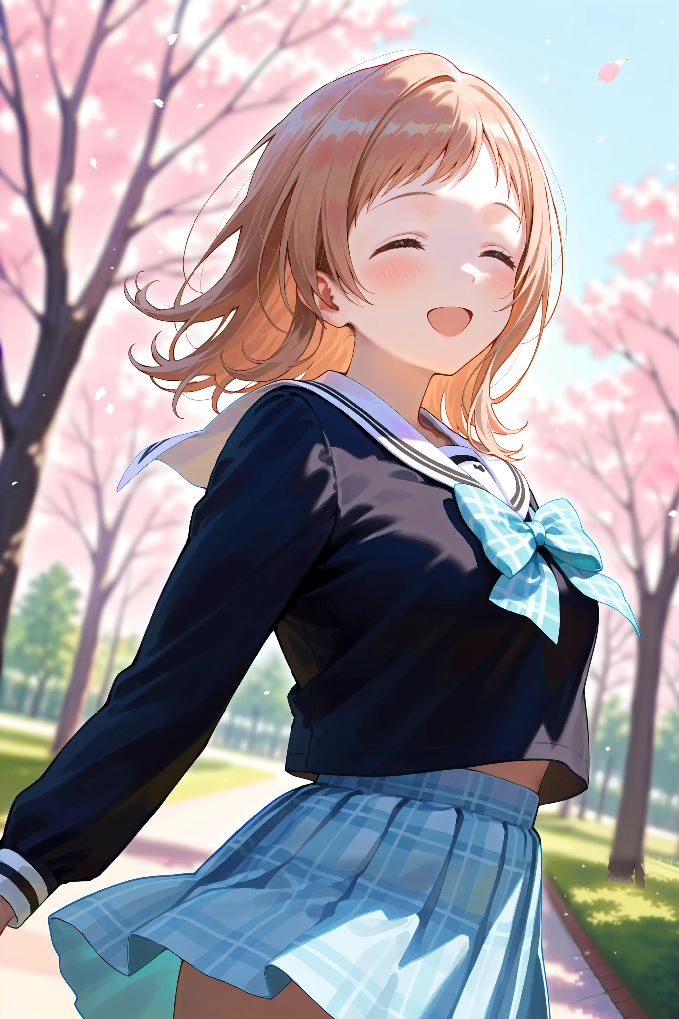 (masterpiece), (Highest quality), (Very detailed), 
(The best shape), (Best Shadow), (Absurd), 
(Detailed Background), (So beautiful), Shiny, 
Extraordinary, Countershading, 8k, 32K, High resolution, 
Very Detailed CG ,

Score_9, Score_8_up, Score_7_up, Source_anime, 
(Pastel painting:1.2), (Watercolor painting:1.2),
(Masterpiece, Detailed:1.2), (Foreshortening:1.2),

Cinematic, Dramatic, (Depth of field:1.4), 
(Blurry background:1.4), (Realistic background:1.4), Dynamic angle,
1 girl, Solo, 
Outdoors, Nature, Park, Wind,
Spring, Cherry blossoms,

Sakuragi Mano,
the idolm@ster shiny colors,
mano sakuragi,
(Brown hair:1.1), Medium hair,

(School uniform:1.3),
(Black sailor suit:1.3), Long sleeves suit, 
(White sailor collar:1.4),
Ribbon, Light blue ribbon, Butterfly ribbon,
Skirt, Light blue skirt, Checkered skirt,

(Blush:1.3),
Portrait,
Focus on face,
Smile, Happy, Closed eyes,
Realistic skin,
Shiny skin,