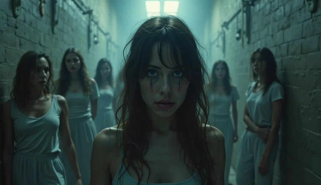 A lonely 25 year girl lives in a hospital and together with 8 people they kill her, everywhere there is blood, the girl started crying, very dangerous, suspense, horror real, do an image generator.