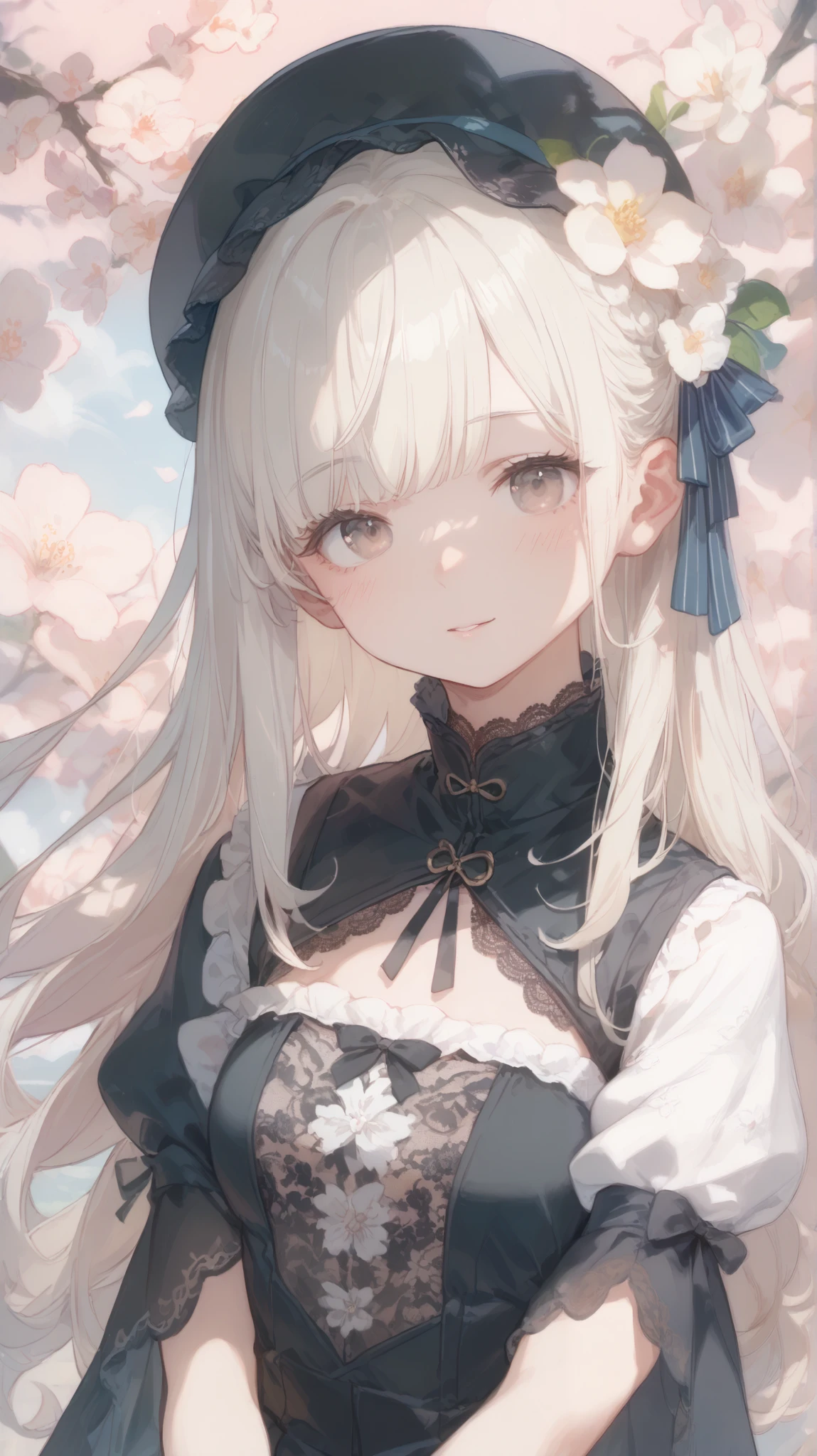 PERFECT ANATOMY, Japanese girls , Alone、one girl、少し短い首:1.7, Albino Skin, Gray Hair, straight long hair , light brown eyes, high neck lace fabric, black clothes, artistic lace pattern clothing、 light pink background